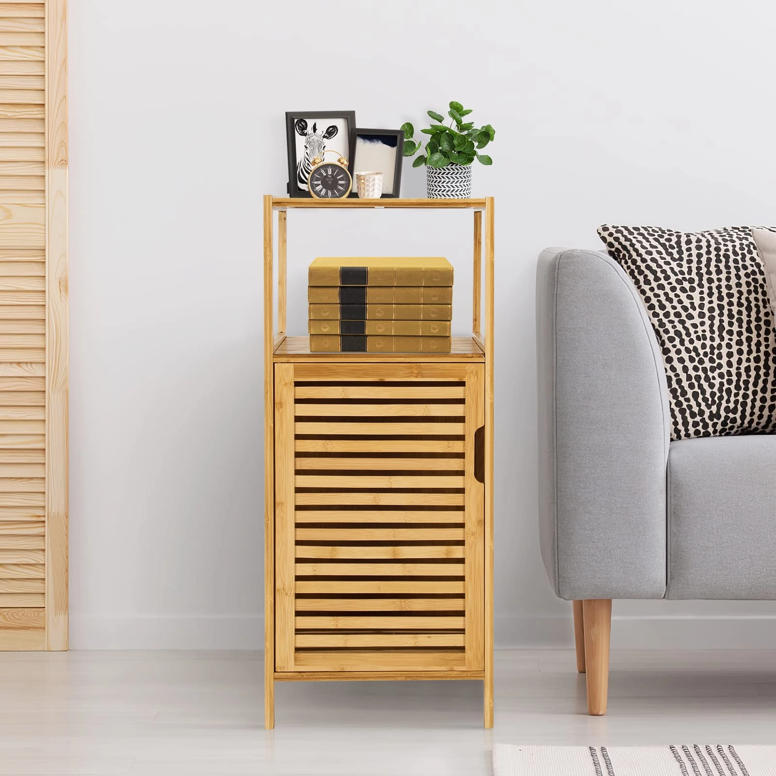 Giantex Bathroom Floor Cabinet, Bamboo Storage Cabinet w/Single Door & Open Shelves