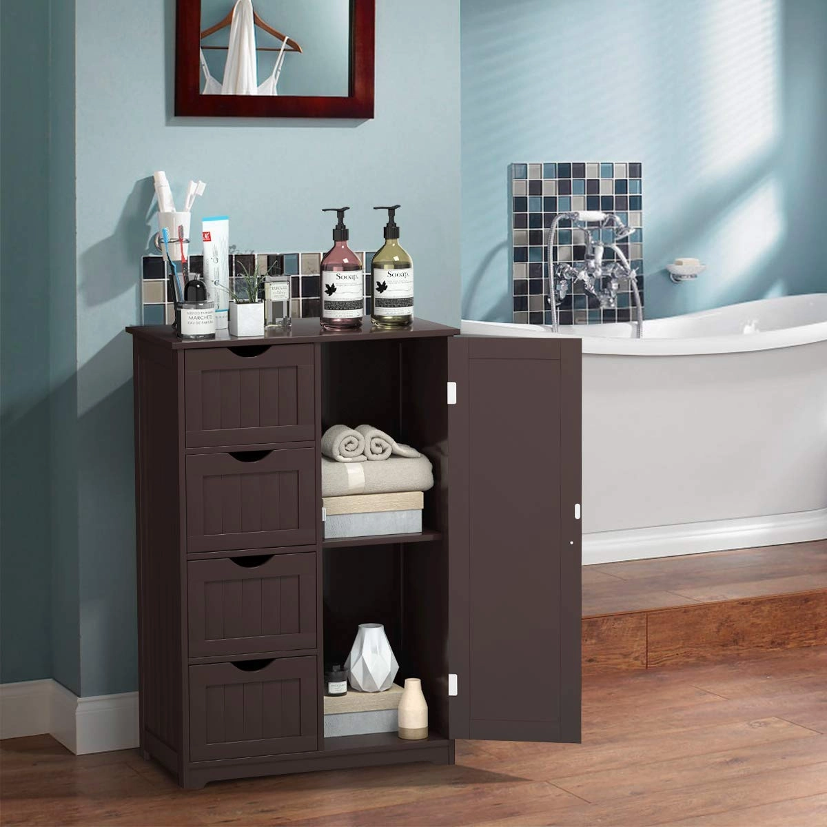 Giantex Bathroom Floor Cabinet Wooden with 1 Door & 4 Drawer