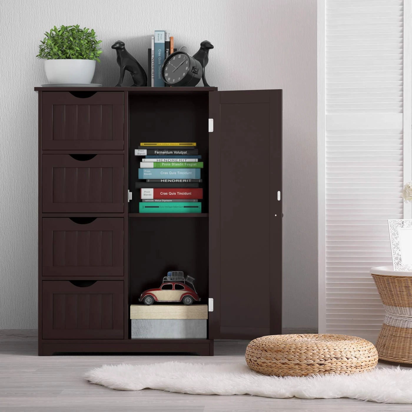 Giantex Bathroom Floor Cabinet Wooden with 1 Door & 4 Drawer