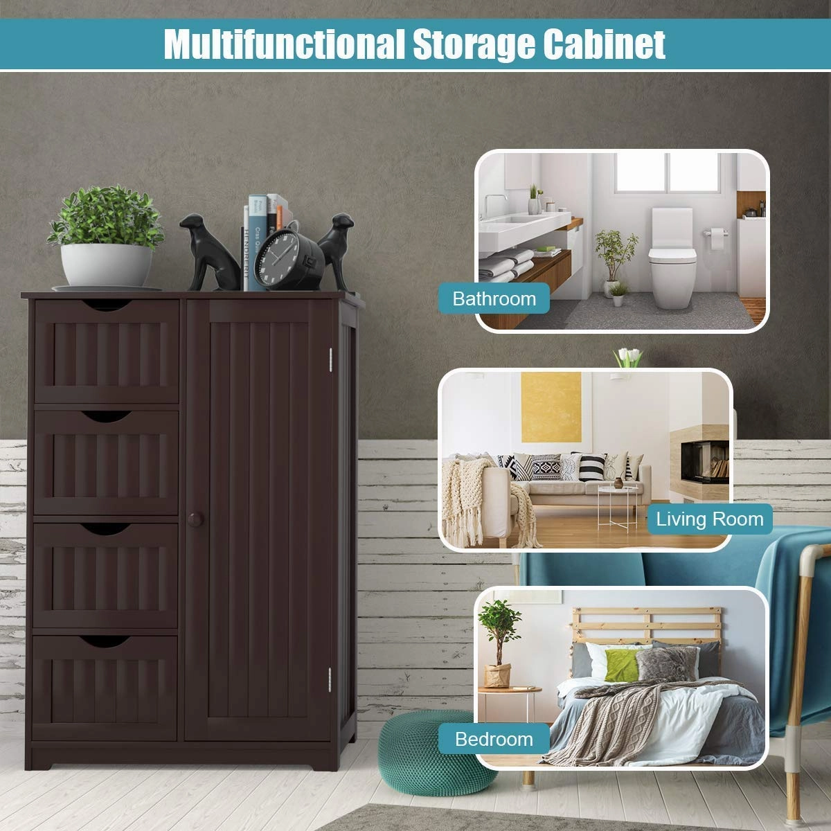 Giantex Bathroom Floor Cabinet Wooden with 1 Door & 4 Drawer
