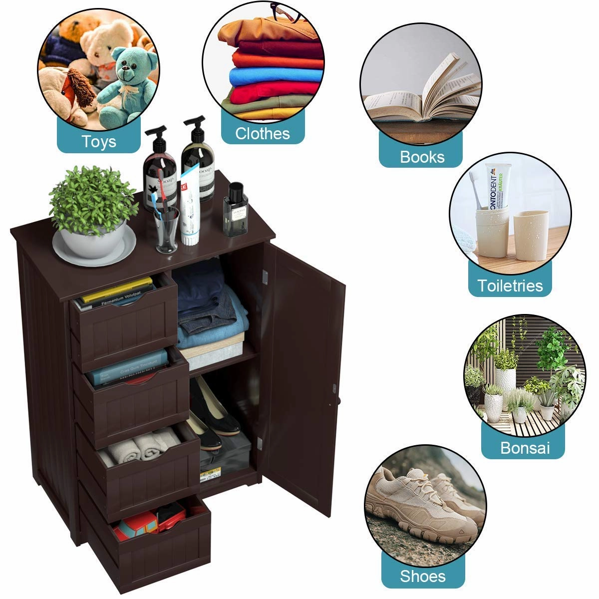 Giantex Bathroom Floor Cabinet Wooden with 1 Door & 4 Drawer