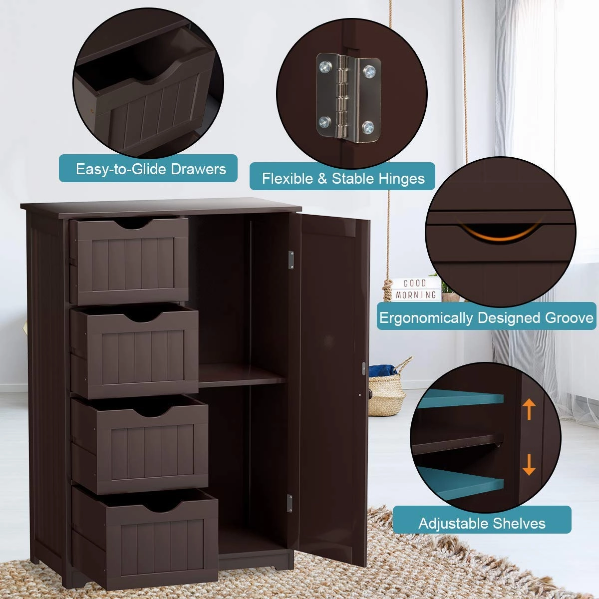 Giantex Bathroom Floor Cabinet Wooden with 1 Door & 4 Drawer