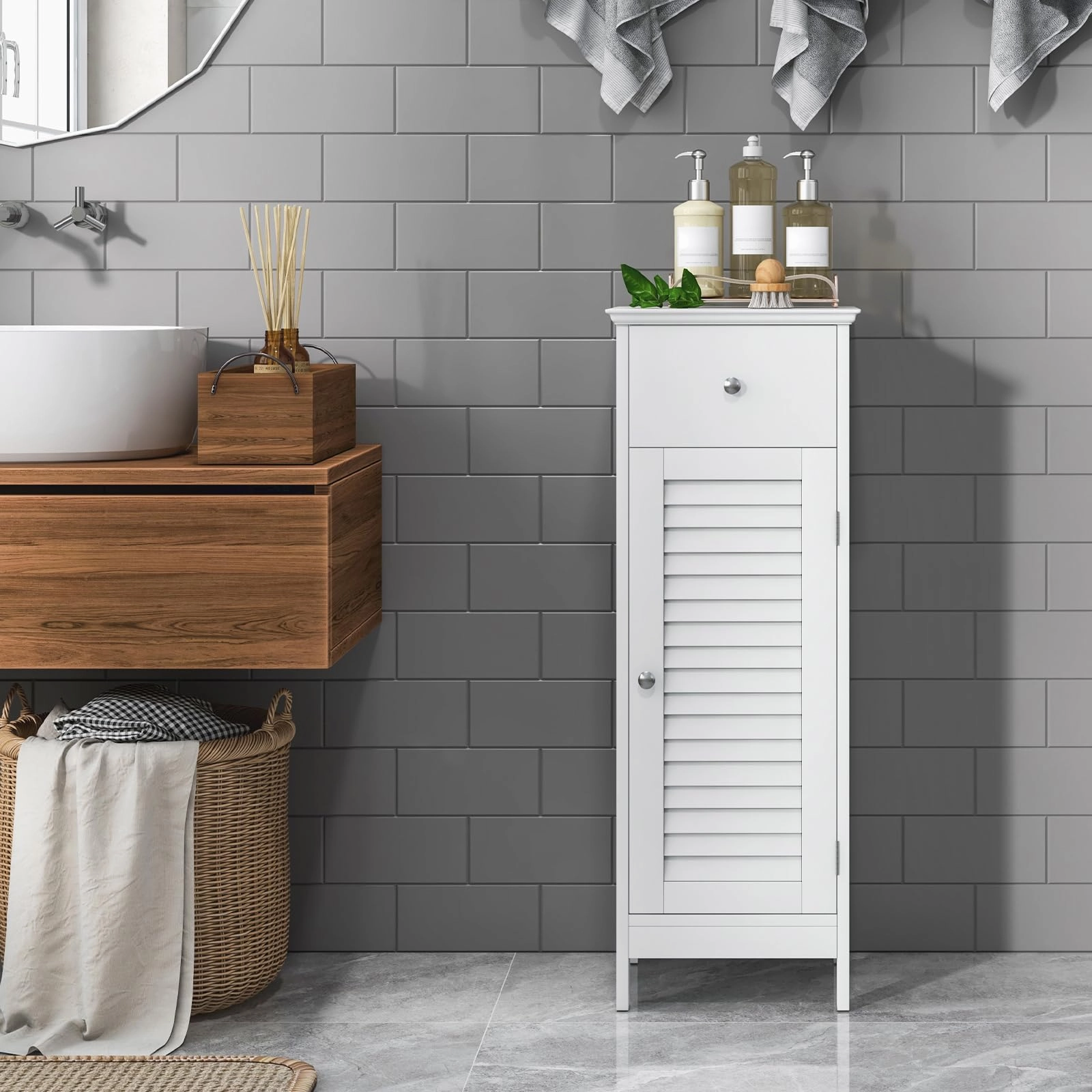 Giantex Bathroom Floor Storage Cabinet - Freestanding Side Cabinet with 1 Door, 1 Drawer & 3-Height Adjustable Shelf