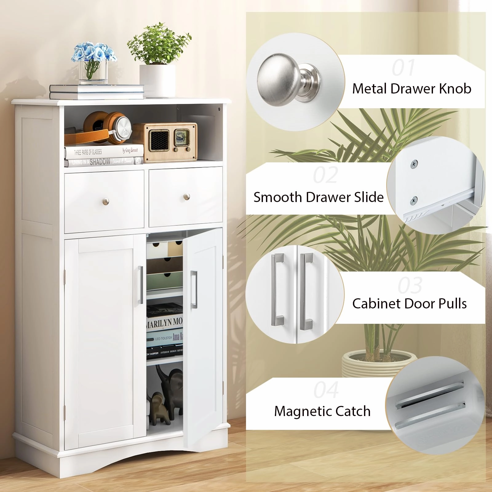 Giantex Bathroom Floor Storage Cabinet - Freestanding Storage Cabinet with 2 Doors, 2 Drawers, 2 Adjustable Shelves (White)