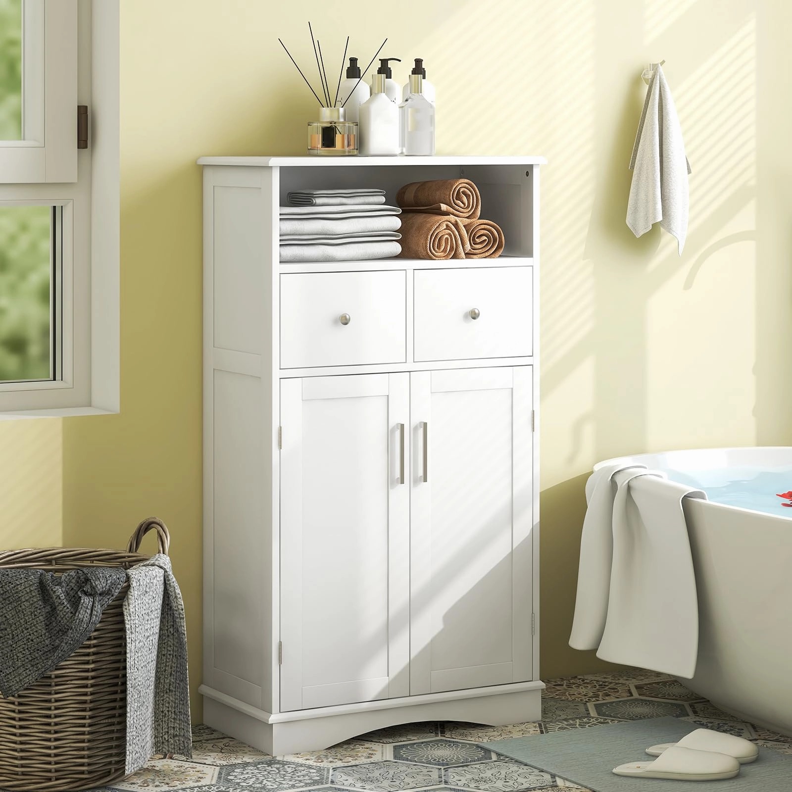 Giantex Bathroom Floor Storage Cabinet - Freestanding Storage Cabinet with 2 Doors, 2 Drawers, 2 Adjustable Shelves (White)
