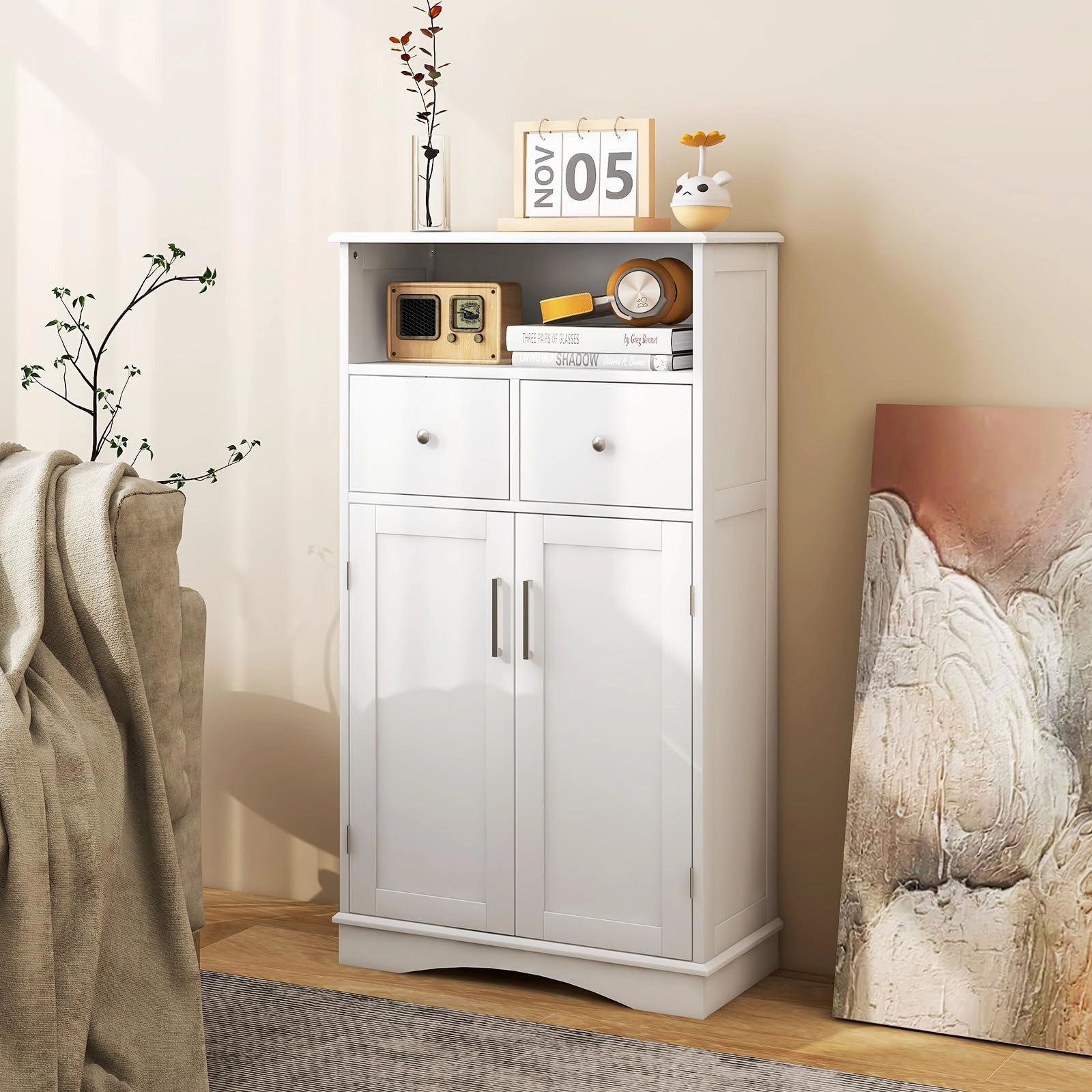 Giantex Bathroom Floor Storage Cabinet - Freestanding Storage Cabinet with 2 Doors, 2 Drawers, 2 Adjustable Shelves (White)