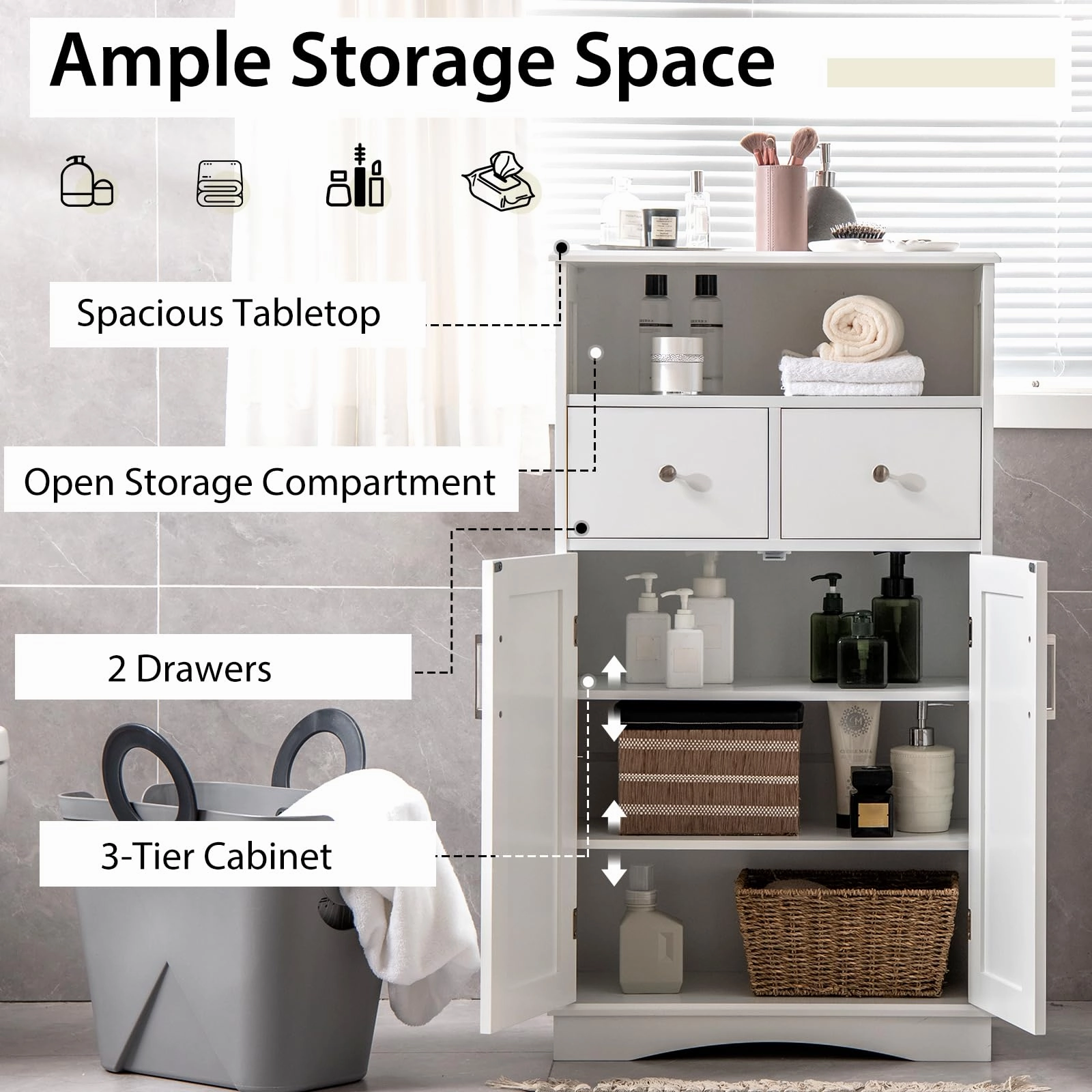 Giantex Bathroom Floor Storage Cabinet - Freestanding Storage Cabinet with 2 Doors, 2 Drawers, 2 Adjustable Shelves (White)