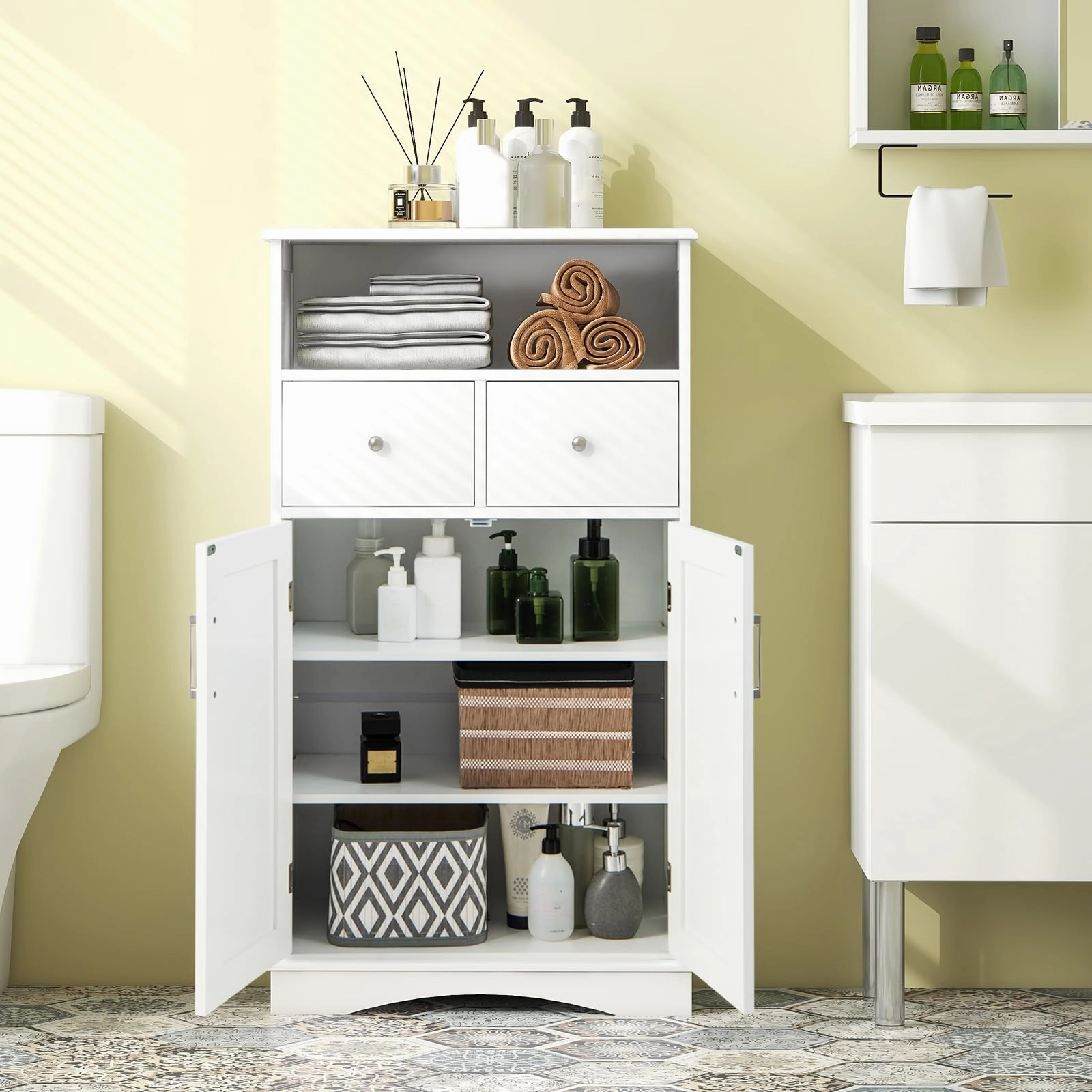 Giantex Bathroom Floor Storage Cabinet - Freestanding Storage Cabinet with 2 Doors, 2 Drawers, 2 Adjustable Shelves (White)