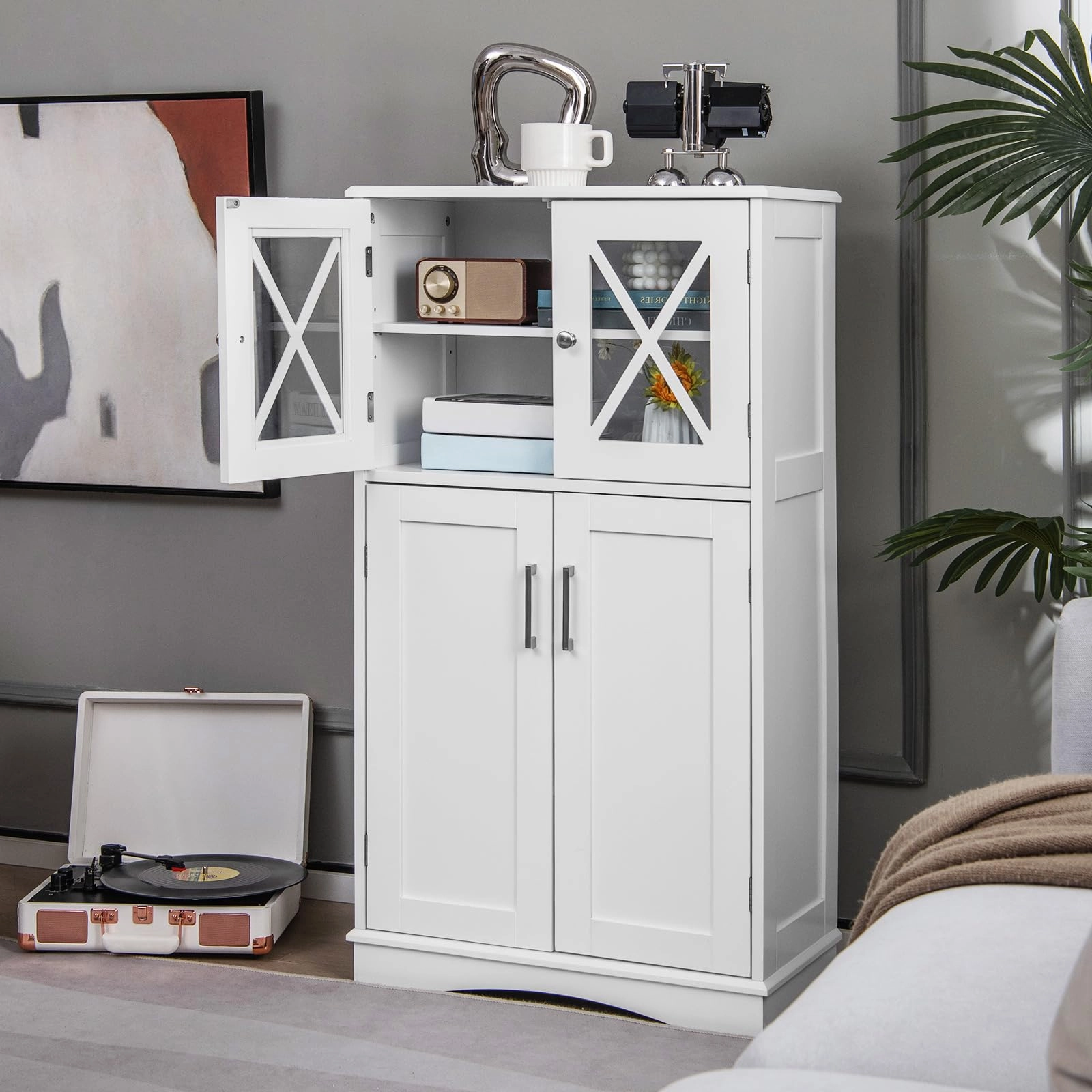 Giantex Bathroom Floor Storage Cabinet - Linen Floor Cabinet with Doors and Adjustable Shelves