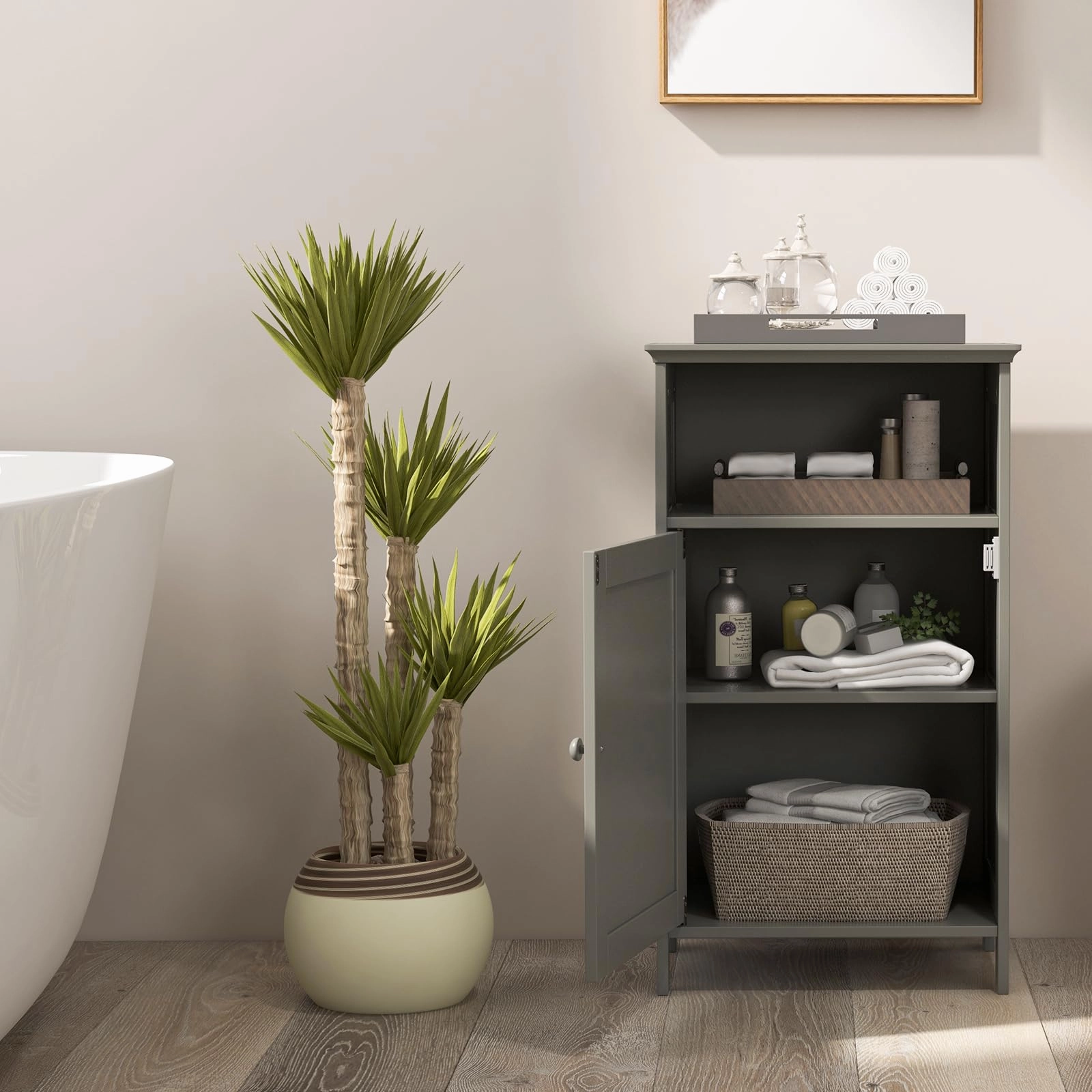 Giantex Bathroom Floor Storage Cabinet - Side Cabinet with Open Compartment, 3-Position Adjustable Shelf