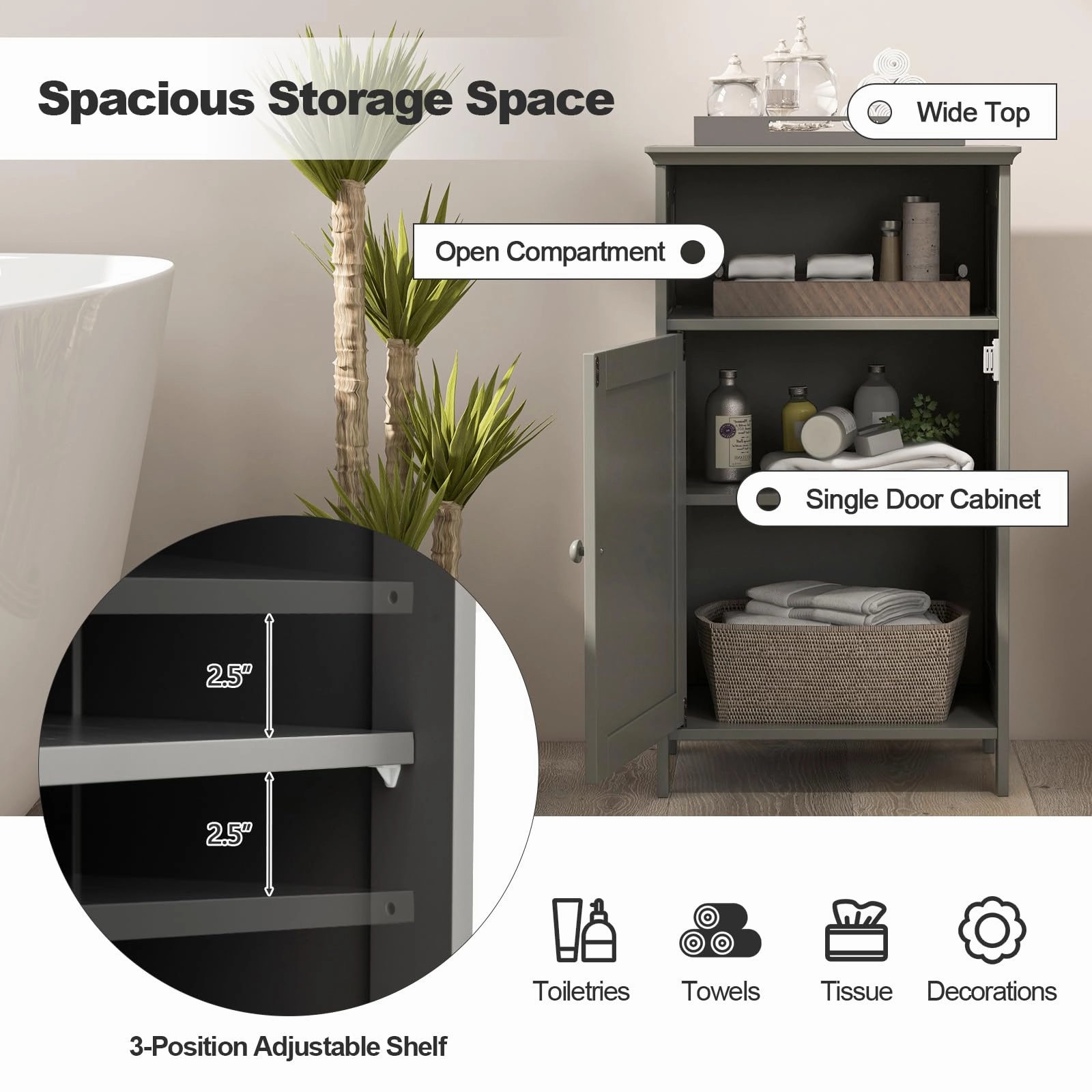 Giantex Bathroom Floor Storage Cabinet - Side Cabinet with Open Compartment, 3-Position Adjustable Shelf