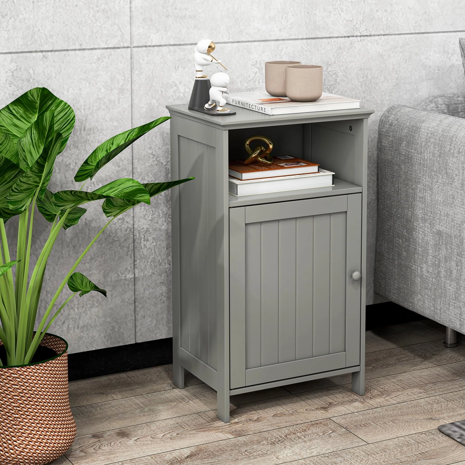 Giantex Bathroom Floor Storage Cabinet - Side Cabinet with Open Compartment, 3-Position Adjustable Shelf