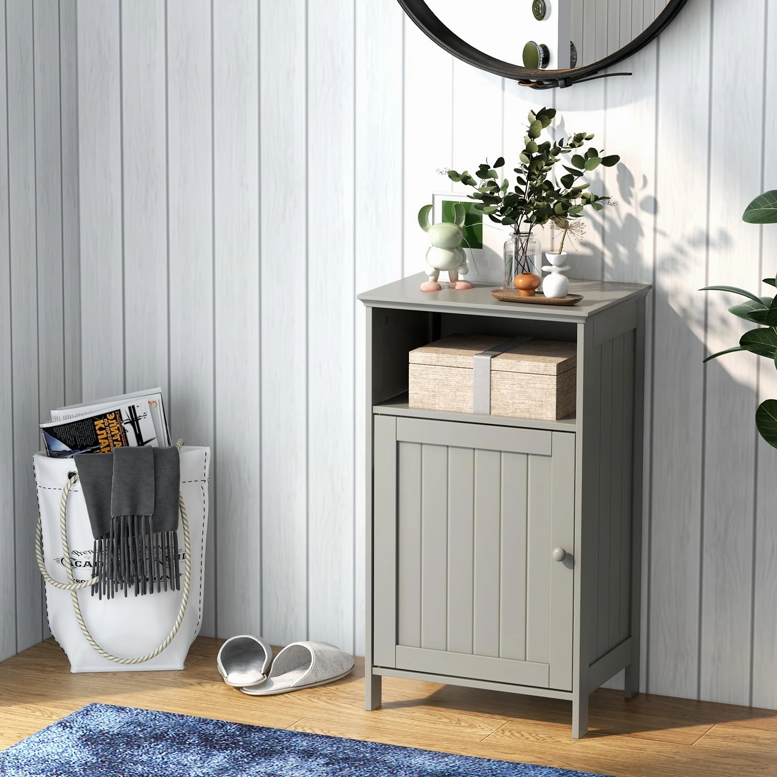 Giantex Bathroom Floor Storage Cabinet - Side Cabinet with Open Compartment, 3-Position Adjustable Shelf