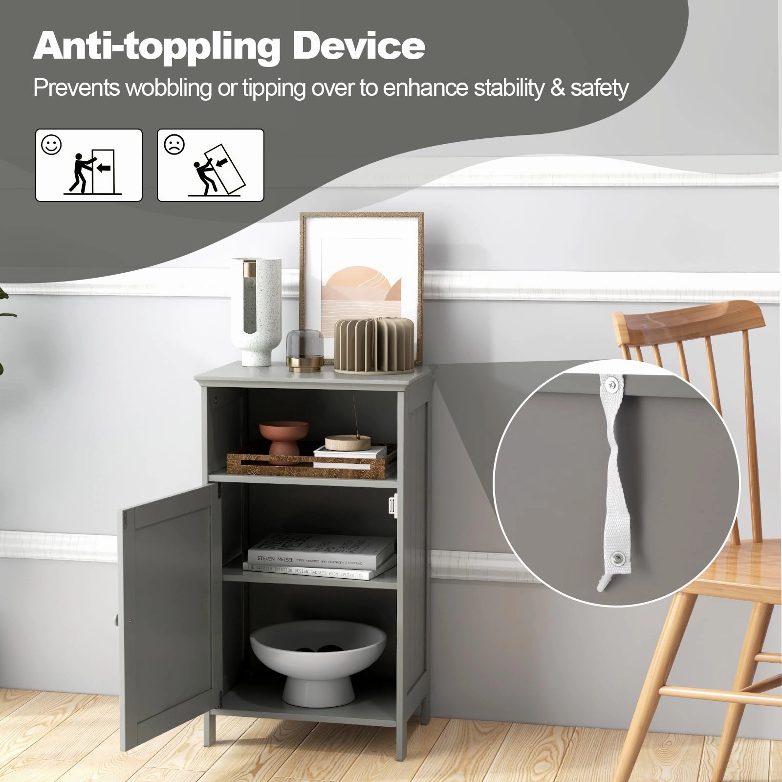 Giantex Bathroom Floor Storage Cabinet - Side Cabinet with Open Compartment, 3-Position Adjustable Shelf