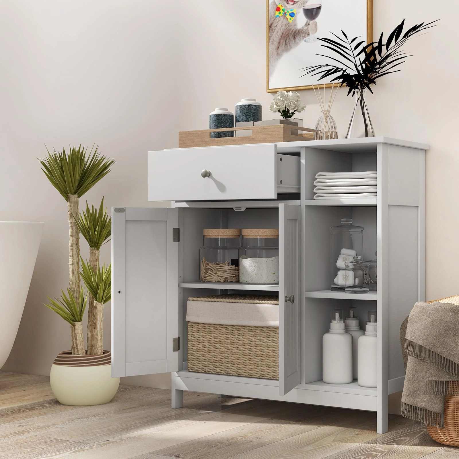 Giantex Bathroom Storage Cabinet with Drawer - Floor Cabinet w/ 3 Open Shelves