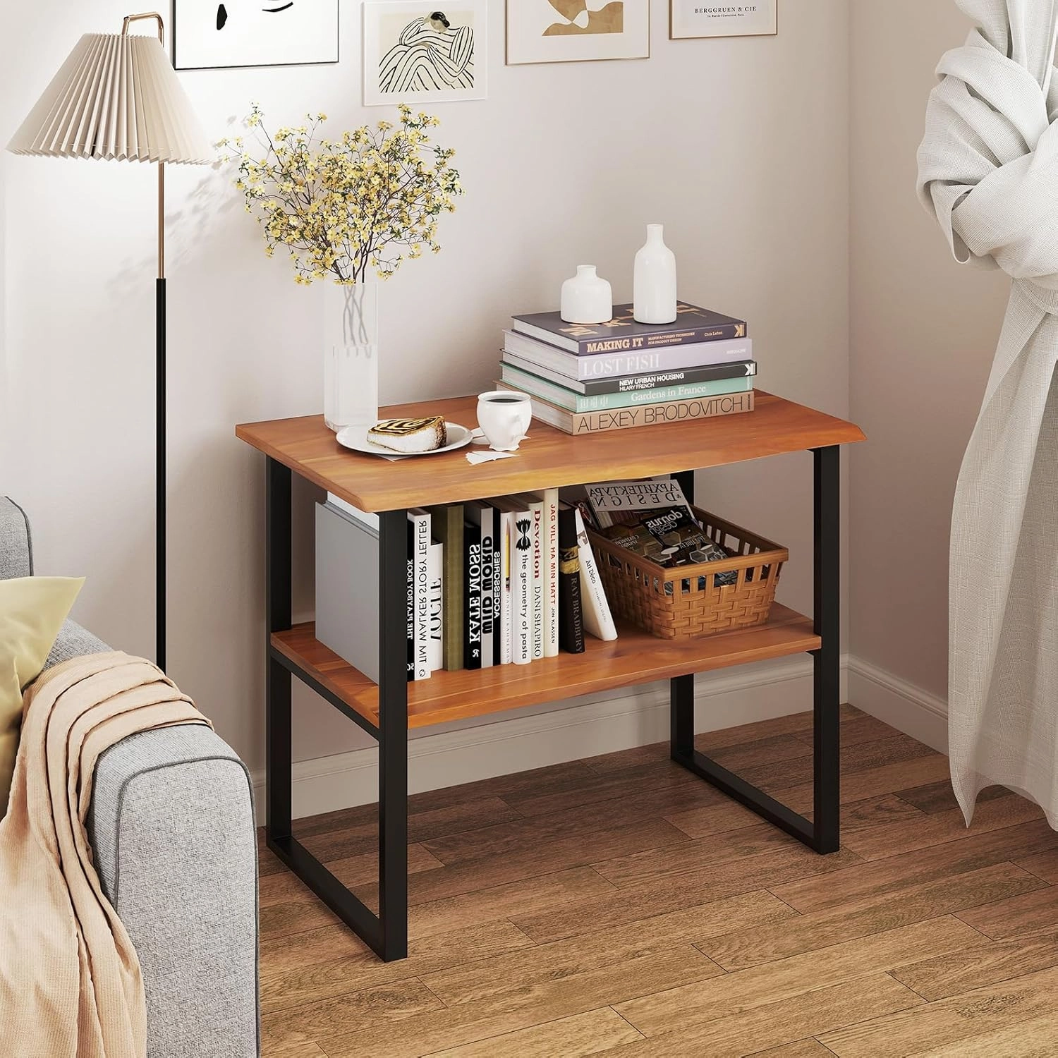 Giantex Bathroom Storage Shelf with Waterproof Finish, 2-Tier Teak Wood Bookshelf