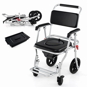 Giantex Bedside Commode Wheelchair for Toilet - Foldable Shower Chair with Arms, Lockable Casters bench seat, tufted bench