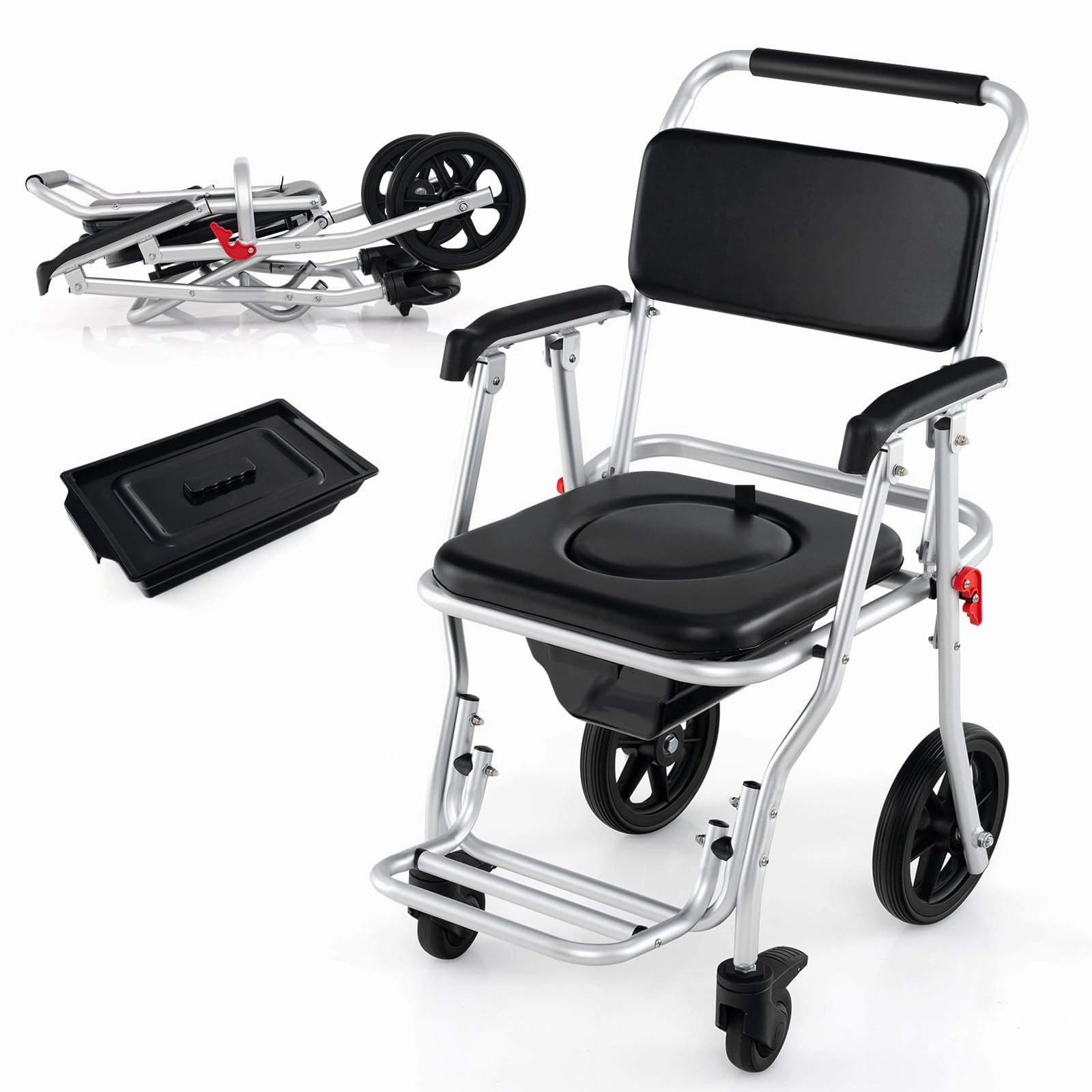 Giantex Bedside Commode Wheelchair for Toilet - Foldable Shower Chair with Arms, Lockable Casters bench seat, tufted bench