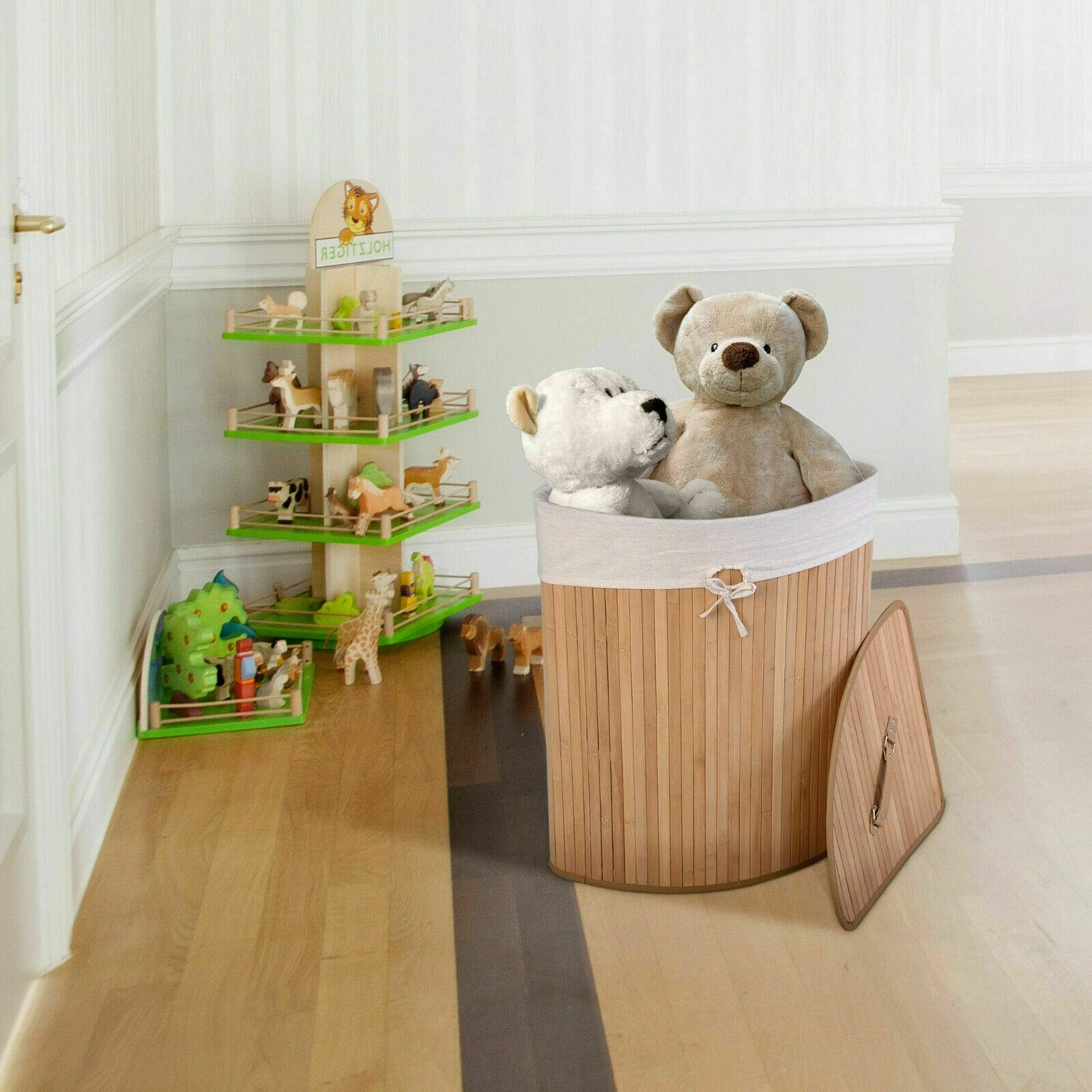 Giantex Corner Laundry Hamper with Lid, Bamboo Laundry Basket with Removable Liner and Handle