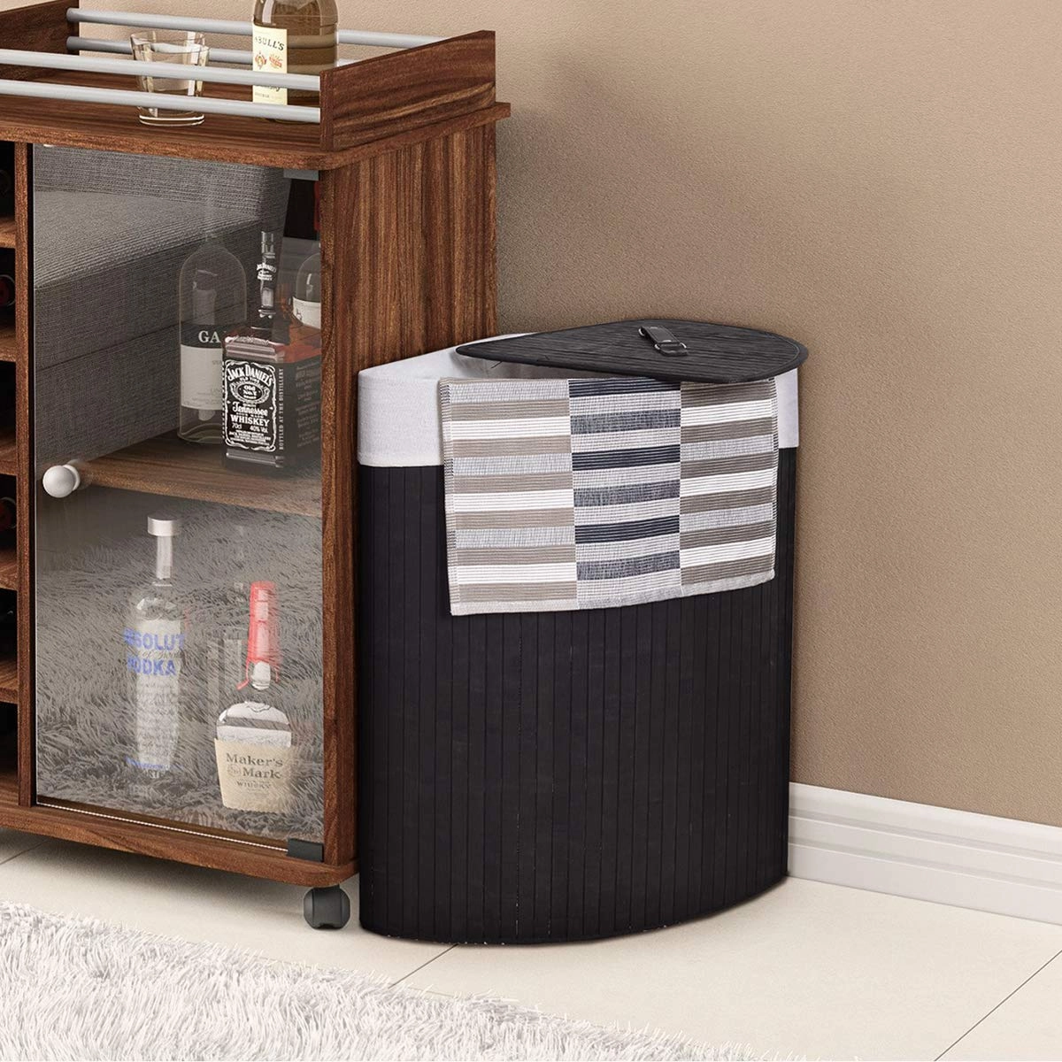 Giantex Corner Laundry Hamper with Lid, Bamboo Laundry Basket with Removable Liner and Handle