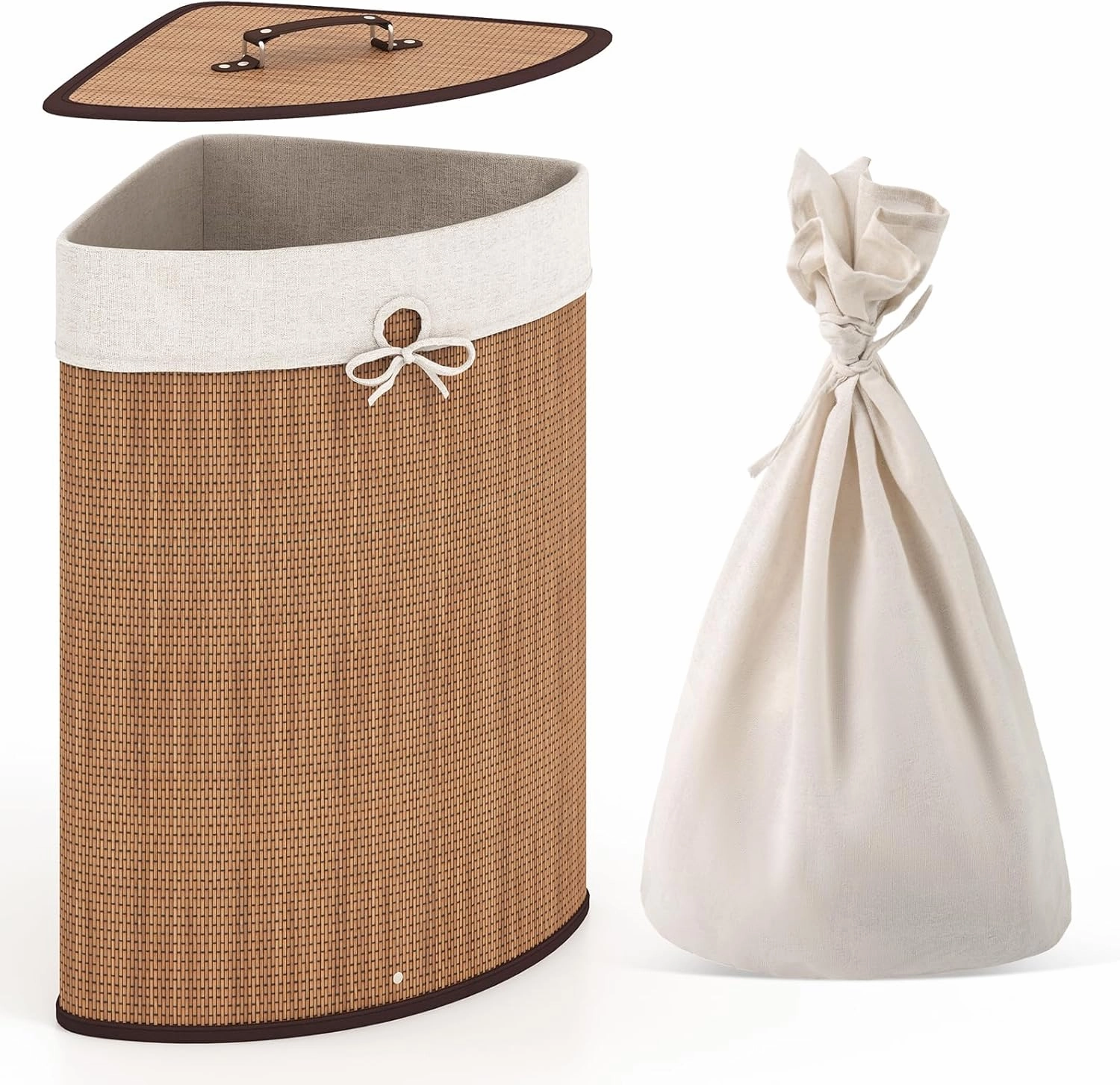 Giantex Corner Laundry Hamper with Lid, Bamboo Laundry Basket with Removable Liner and Handle