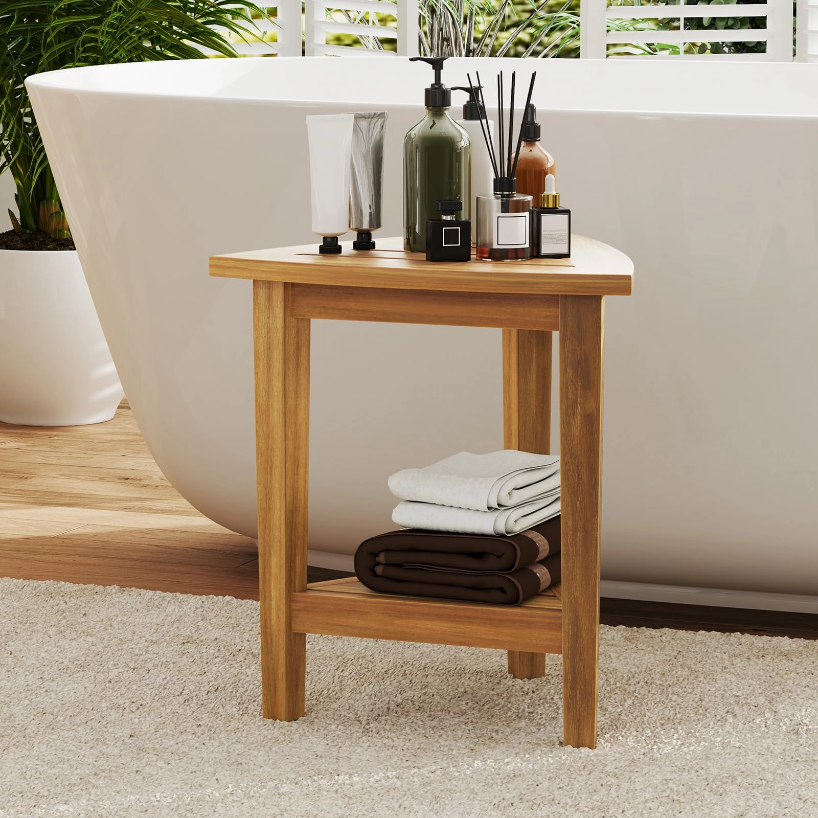 Giantex Corner Shower Bench - Teak Wood Shower Stool with Storage Shelf