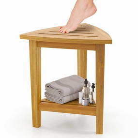 Giantex Corner Shower Bench - Teak Wood Shower Stool with Storage Shelf bench seat, tufted bench