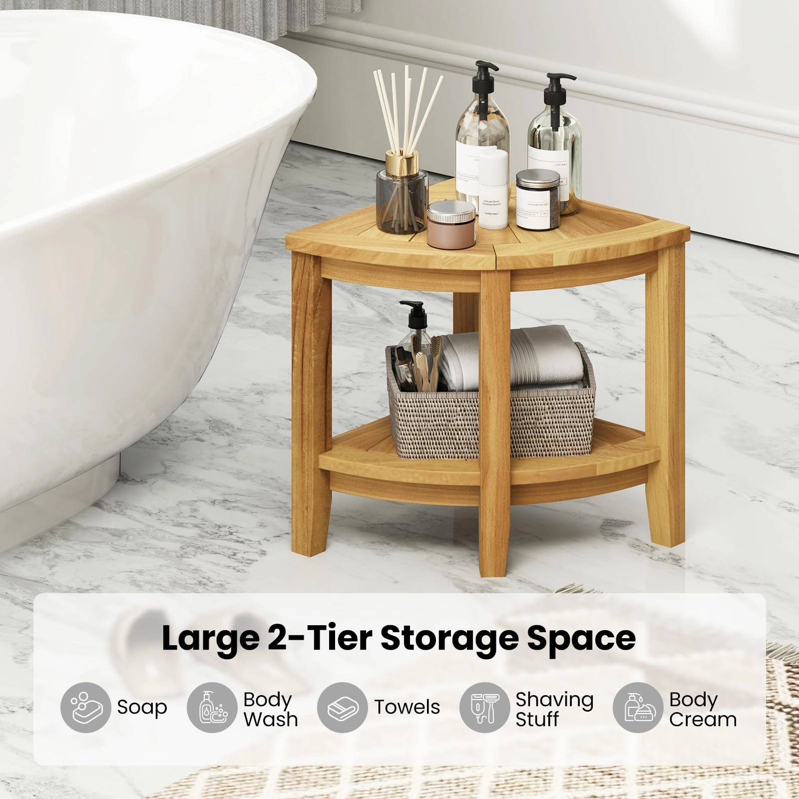 Giantex Corner Shower Stool - Teak Wood Shower Bench Seat with Storage Shelf for Shaving Legs