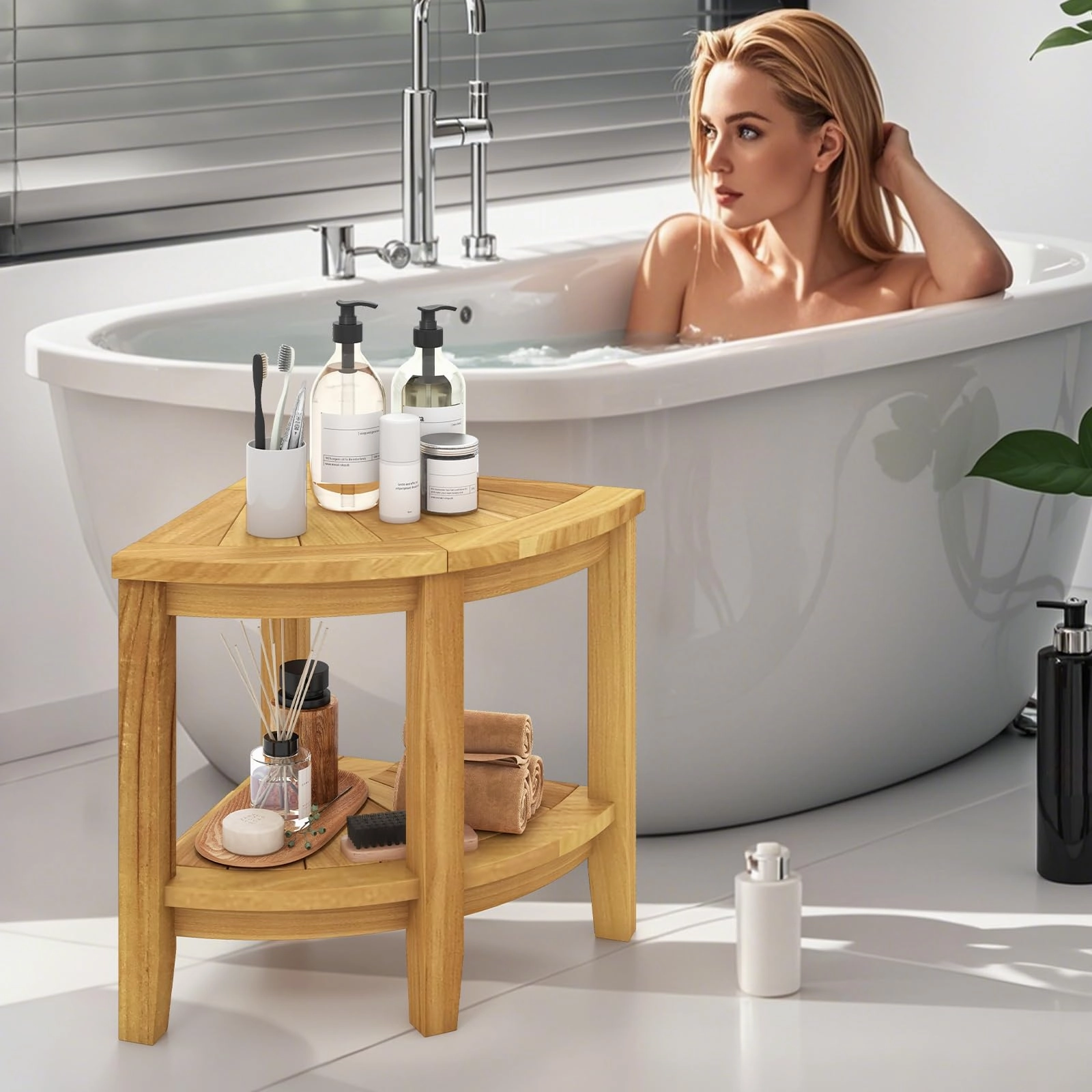 Giantex Corner Shower Stool - Teak Wood Shower Bench Seat with Storage Shelf for Shaving Legs