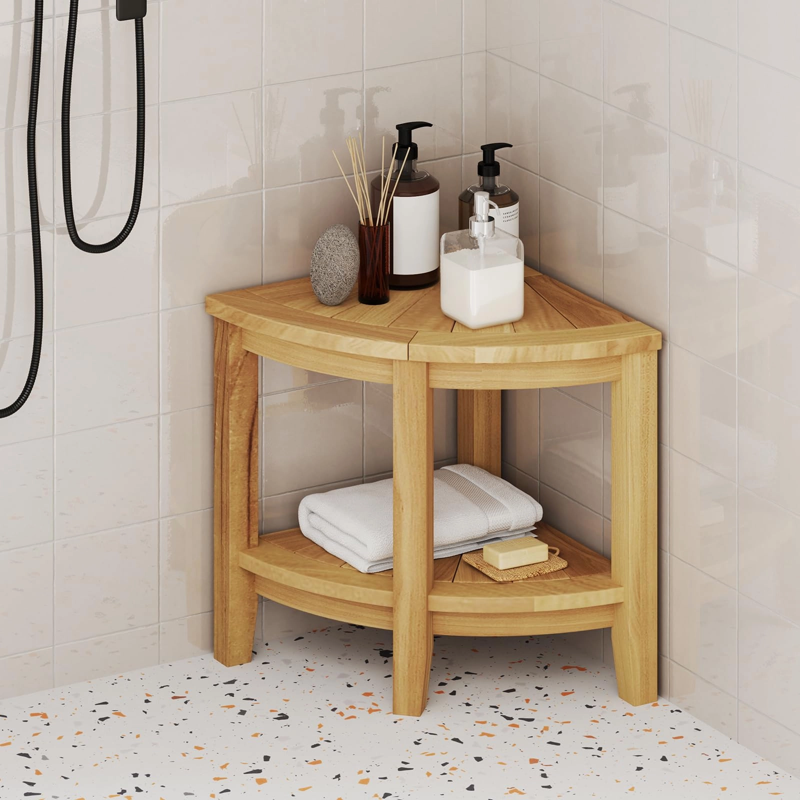 Giantex Corner Shower Stool - Teak Wood Shower Bench Seat with Storage Shelf for Shaving Legs