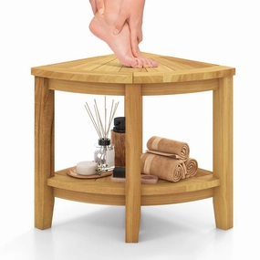 Giantex Corner Shower Stool - Teak Wood Shower Bench Seat with Storage Shelf for Shaving Legs bench seat, tufted bench