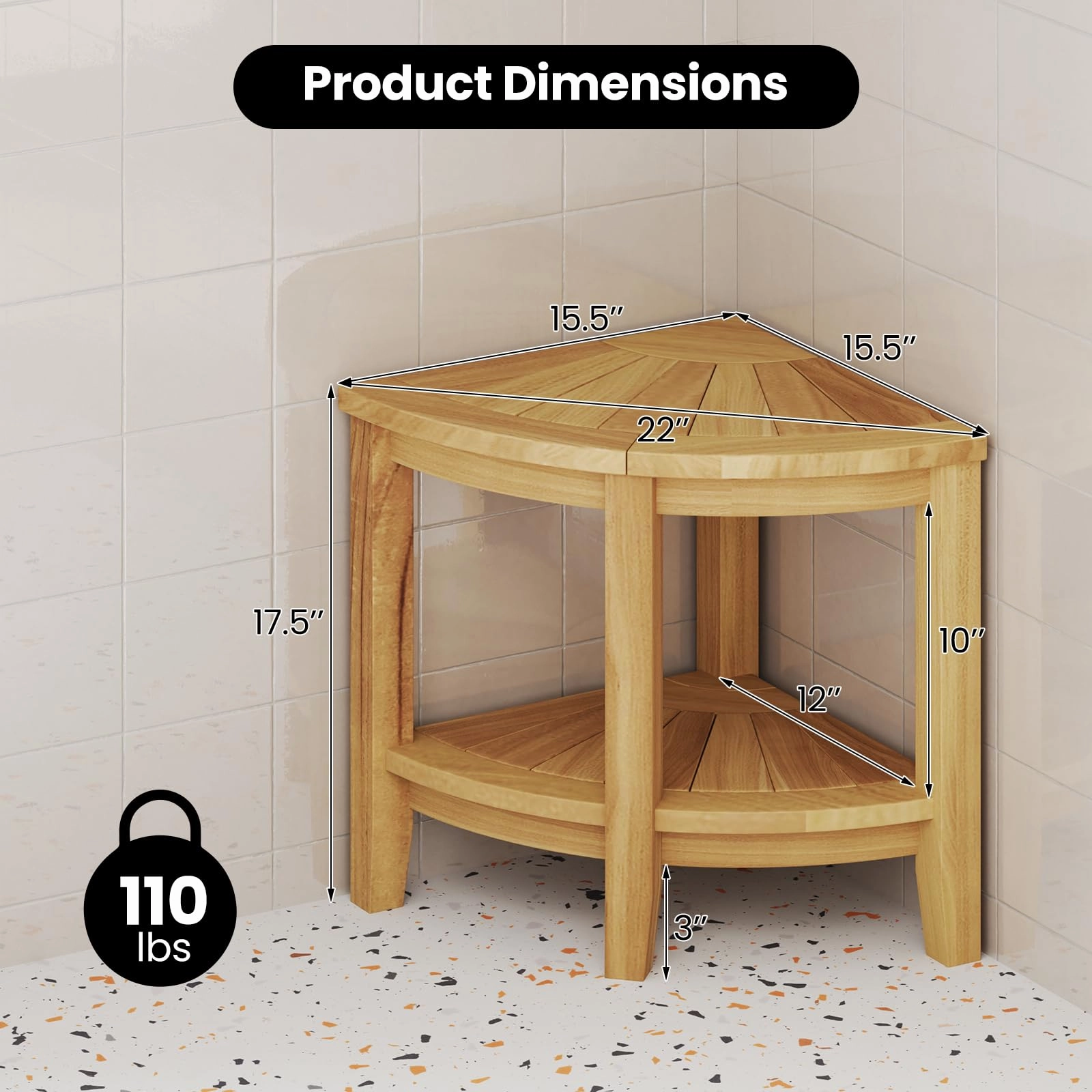 Giantex Corner Shower Stool - Teak Wood Shower Bench Seat with Storage Shelf for Shaving Legs