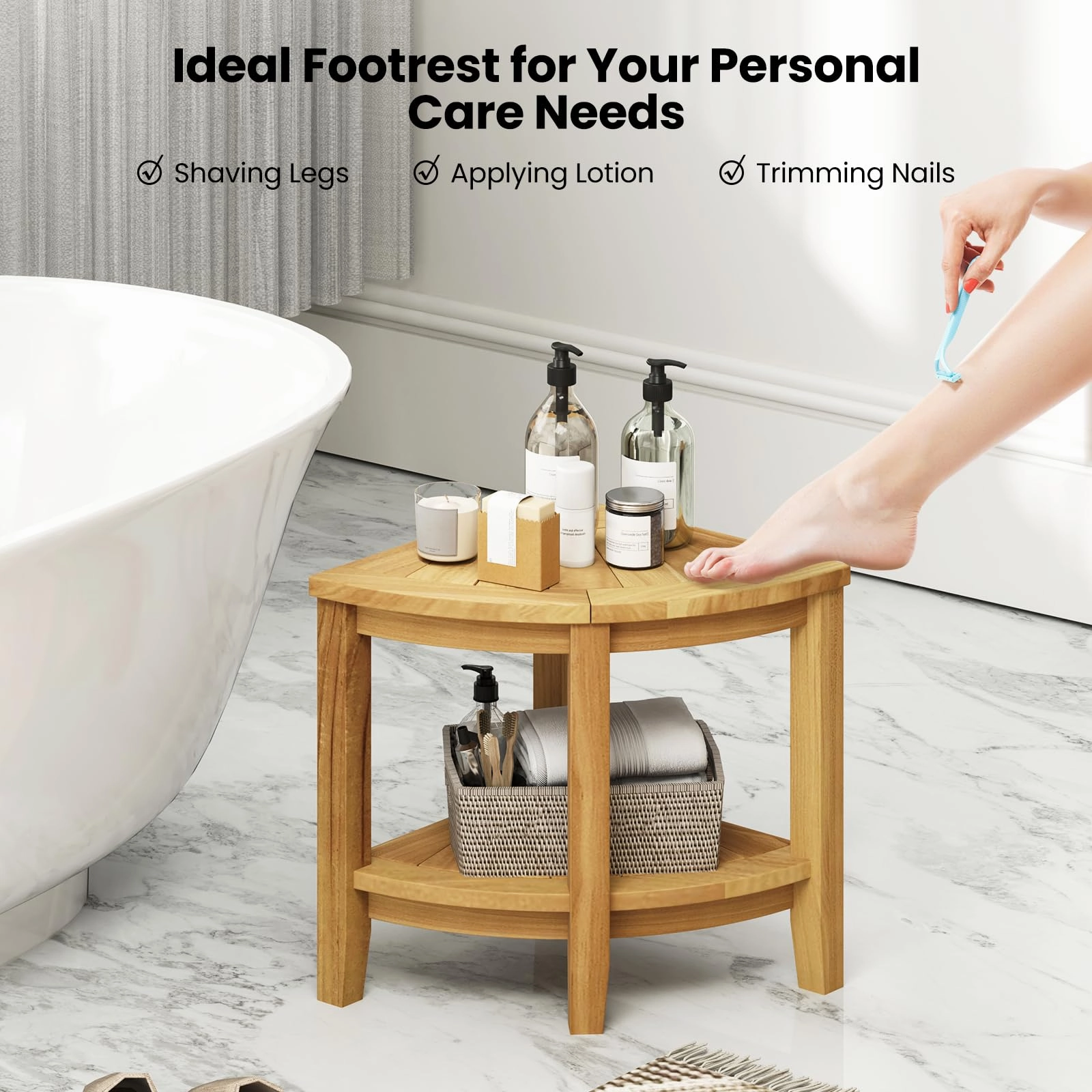 Giantex Corner Shower Stool - Teak Wood Shower Bench Seat with Storage Shelf for Shaving Legs