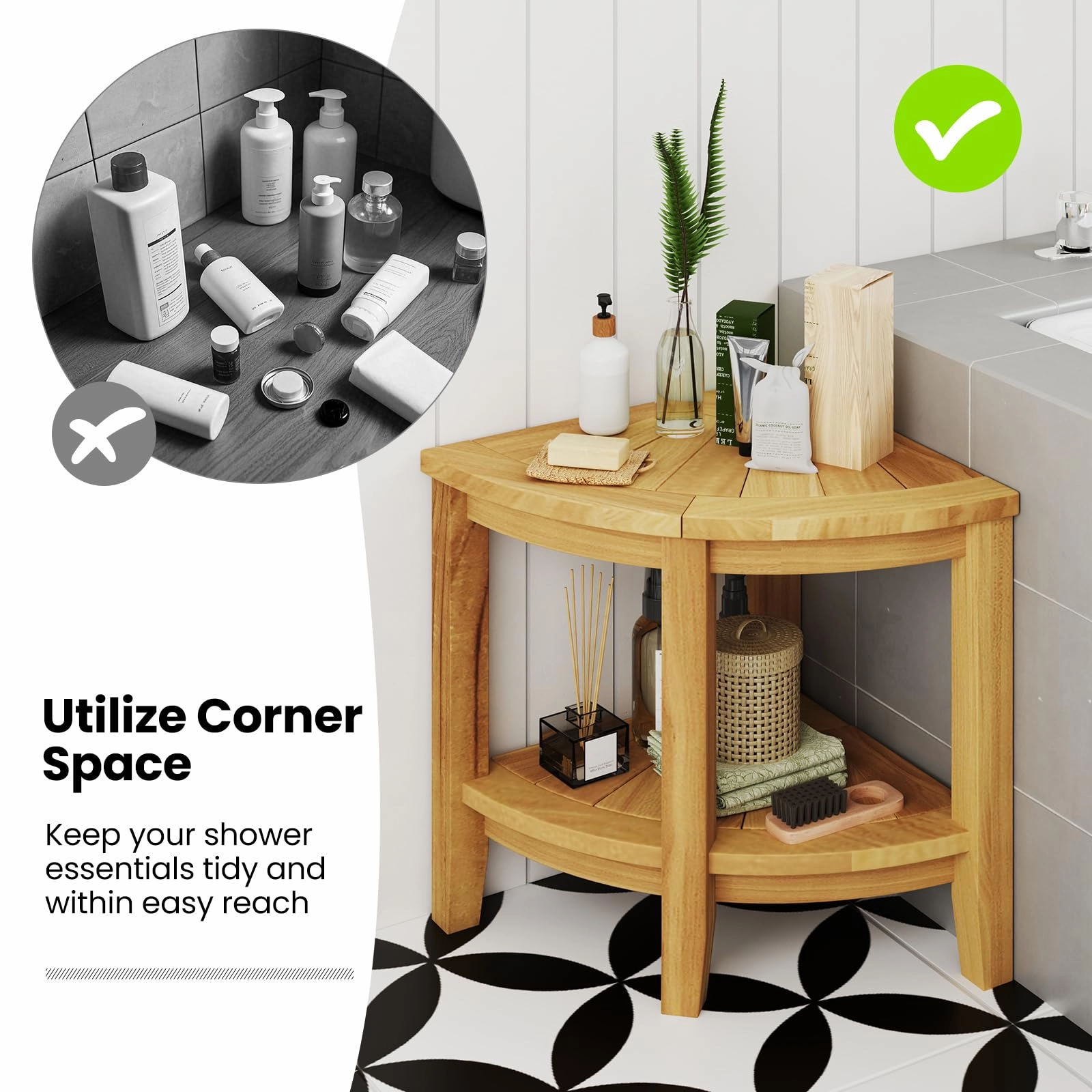 Giantex Corner Shower Stool - Teak Wood Shower Bench Seat with Storage Shelf for Shaving Legs