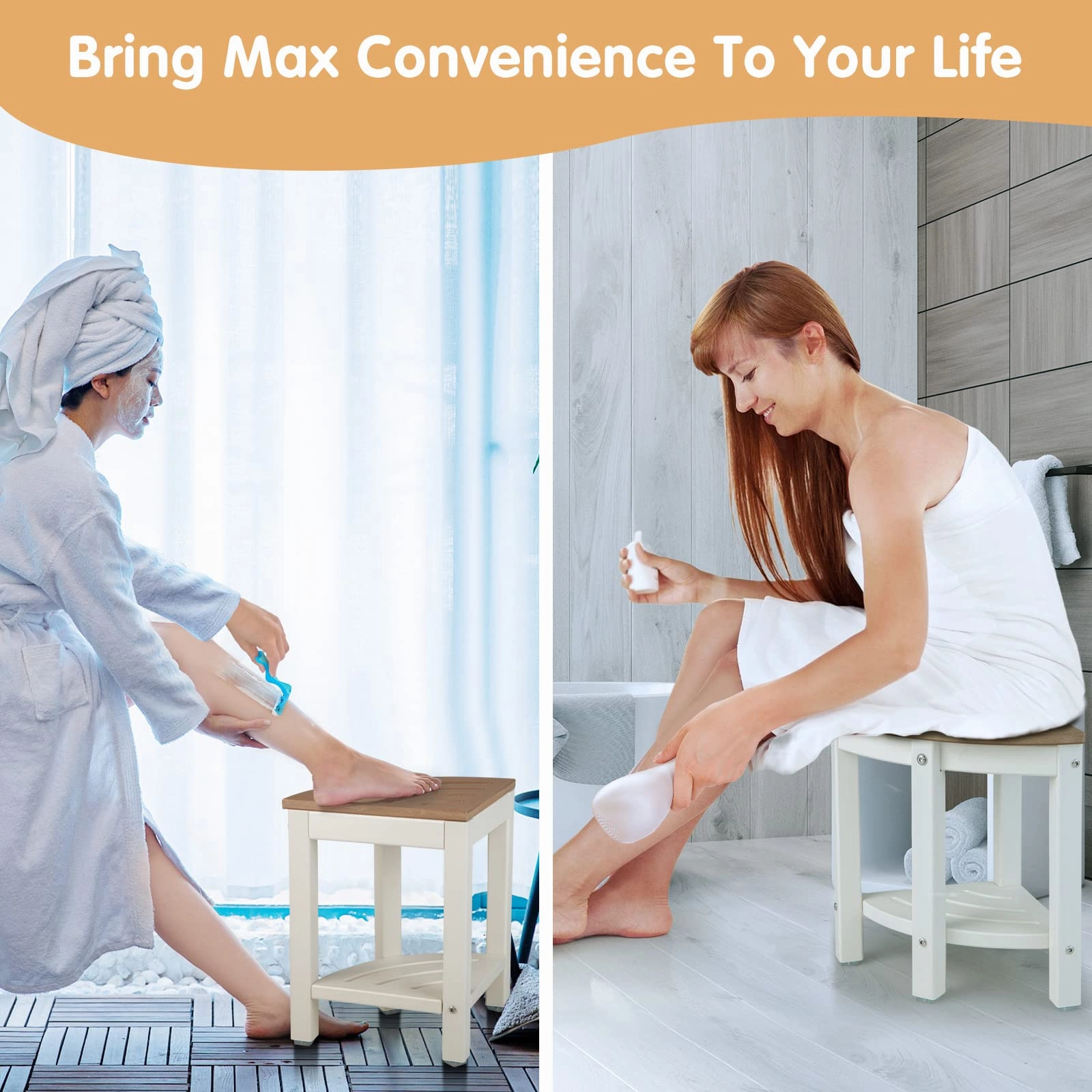 Giantex Corner Shower Stool Waterproof - HDPE Shower Bench Seat with Storage Shelf