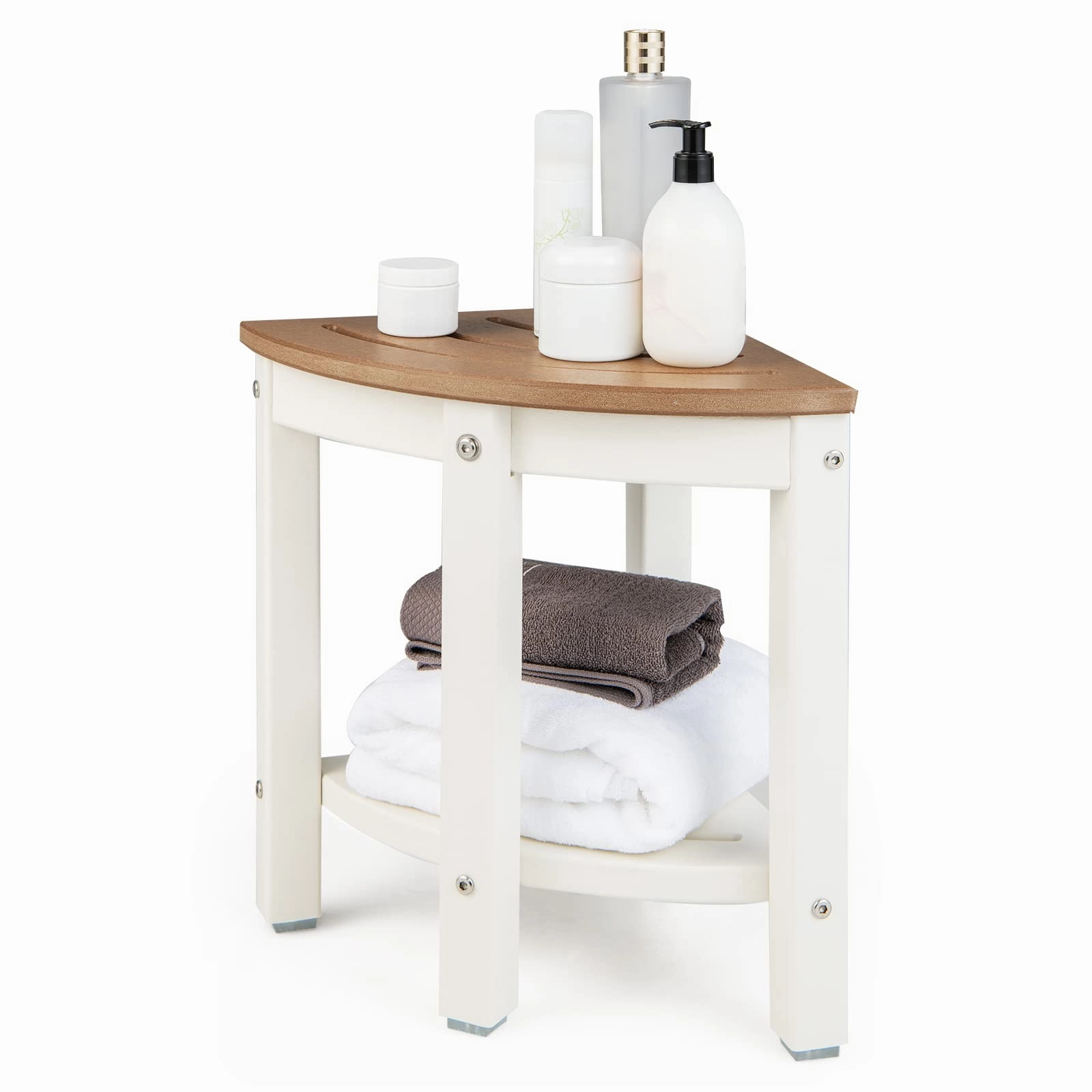 Giantex Corner Shower Stool Waterproof - HDPE Shower Bench Seat with Storage Shelf