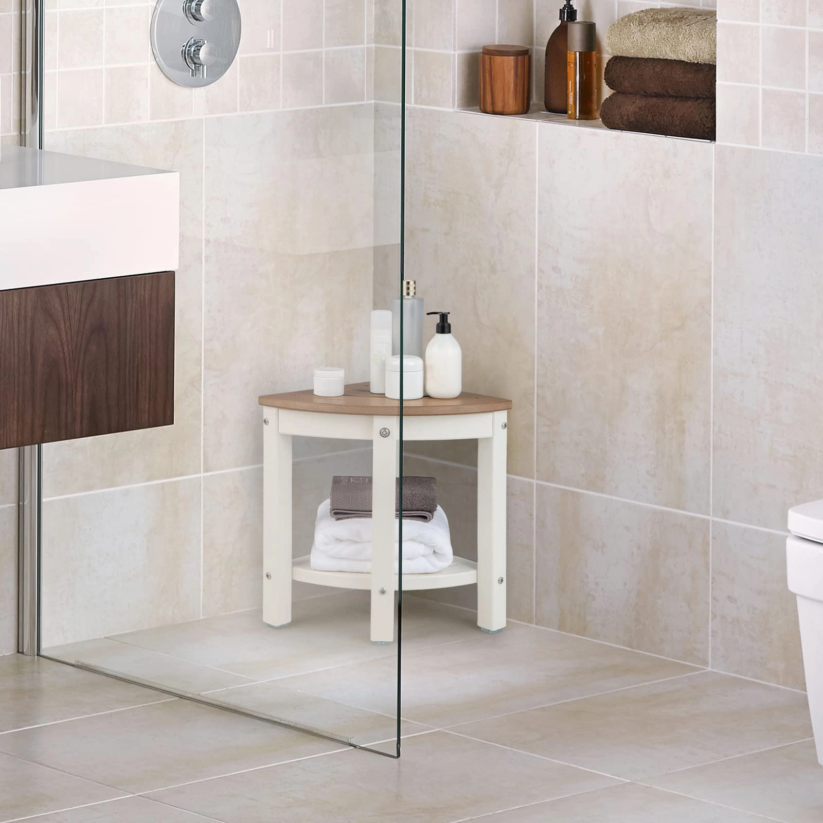 Giantex Corner Shower Stool Waterproof - HDPE Shower Bench Seat with Storage Shelf