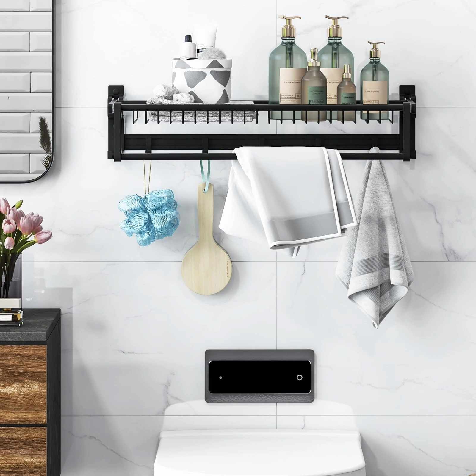 Giantex Foldable Towel Rack for Bathroom, Wall Mounted Towel Holder Organizer w/ 1 Basket, 1 Towel Bar & 5 Sliding Hooks