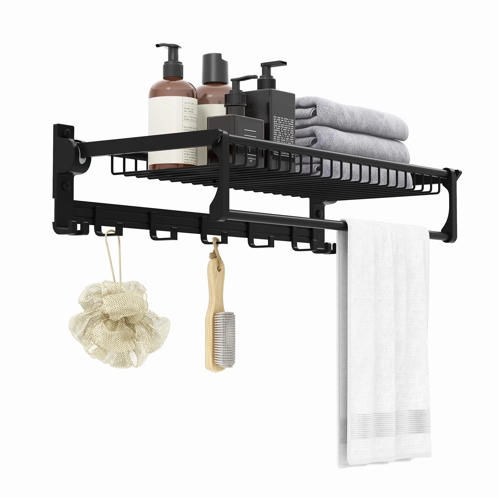 Giantex Foldable Towel Rack for Bathroom, Wall Mounted Towel Holder Organizer w/ 1 Basket, 1 Towel Bar & 5 Sliding Hooks bathroom storage cabinet, over toilet storage