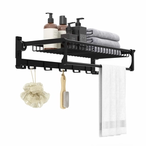 Giantex Foldable Towel Rack for Bathroom, Wall Mounted Towel Holder Organizer w/ 1 Basket, 1 Towel Bar & 5 Sliding Hooks bathroom storage cabinet, over toilet storage