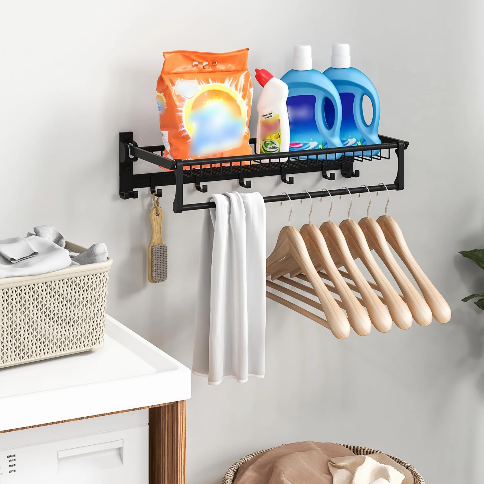 Giantex Foldable Towel Rack for Bathroom, Wall Mounted Towel Holder Organizer w/ 1 Basket, 1 Towel Bar & 5 Sliding Hooks
