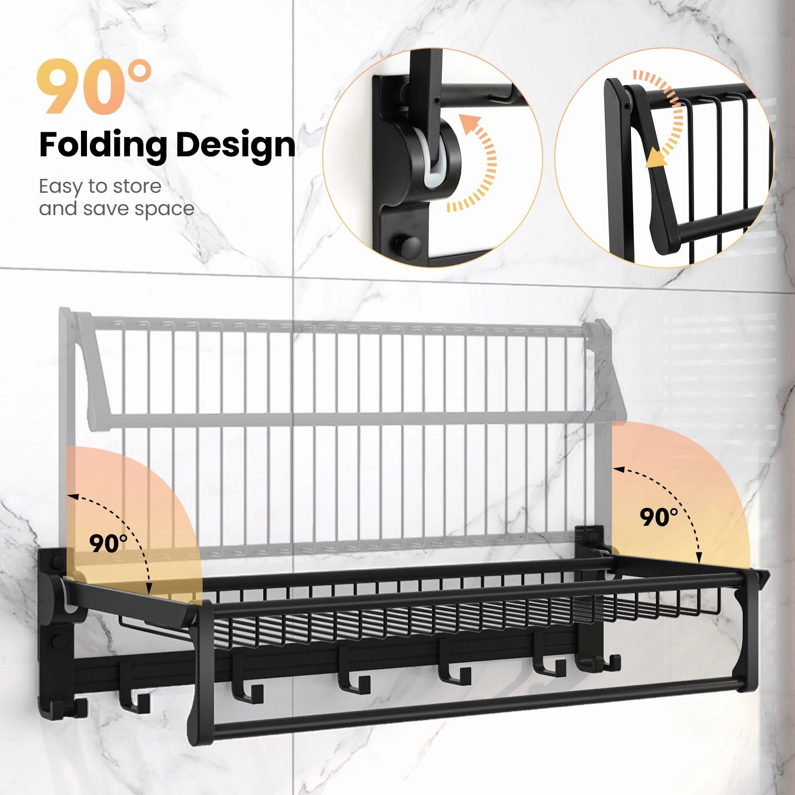 Giantex Foldable Towel Rack for Bathroom, Wall Mounted Towel Holder Organizer w/ 1 Basket, 1 Towel Bar & 5 Sliding Hooks