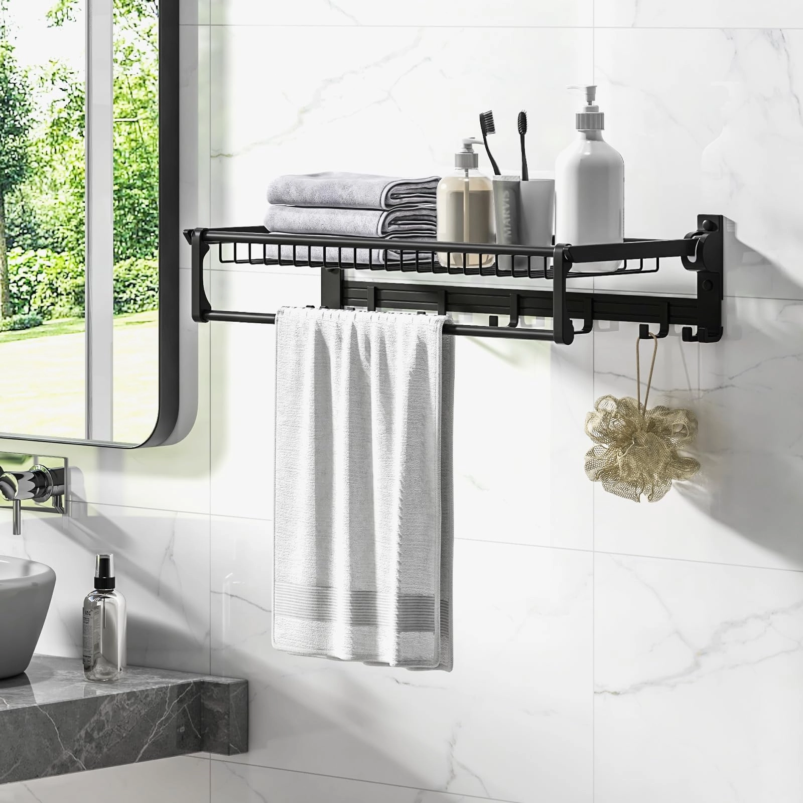 Giantex Foldable Towel Rack for Bathroom, Wall Mounted Towel Holder Organizer w/ 1 Basket, 1 Towel Bar & 5 Sliding Hooks