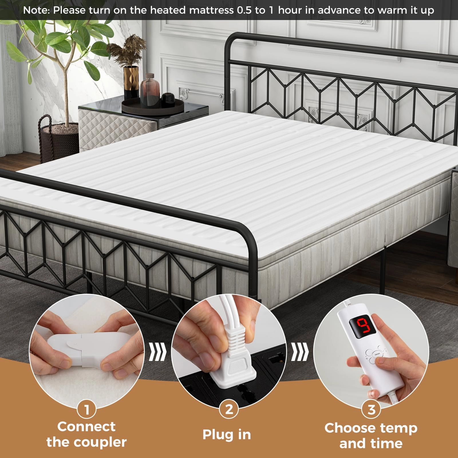 Giantex Heated Mattress Pad, Machine Washable Bed Warmer with Dual Controller, 9 Heat Setting, White, Queen Size, 80 x 60