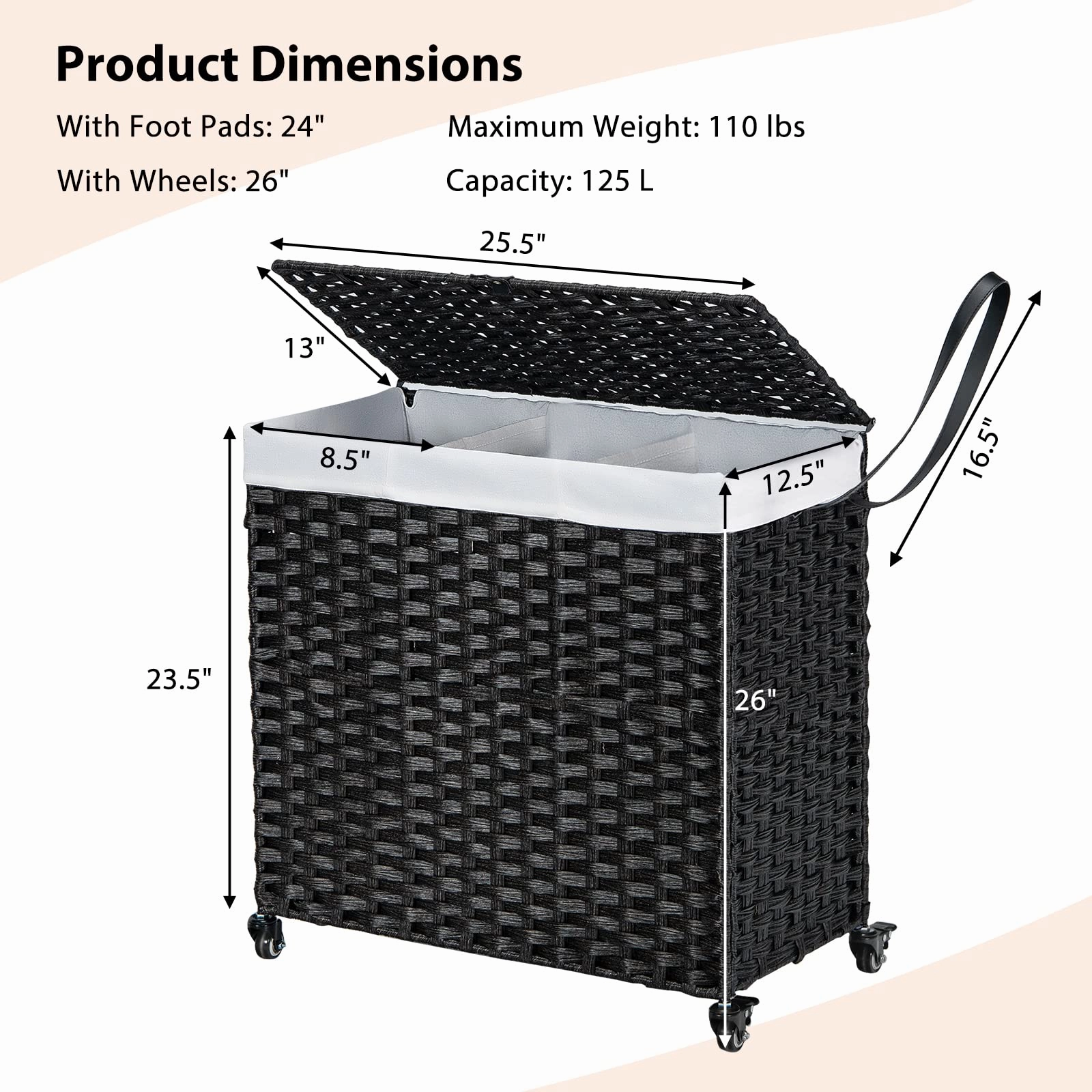 Giantex Laundry Hamper w/Wheels, 3 Section Hamper 125L w/2 Removable Liner Bags