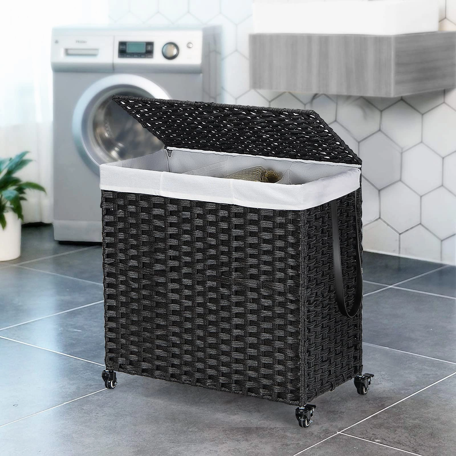 Giantex Laundry Hamper w/Wheels, 3 Section Hamper 125L w/2 Removable Liner Bags