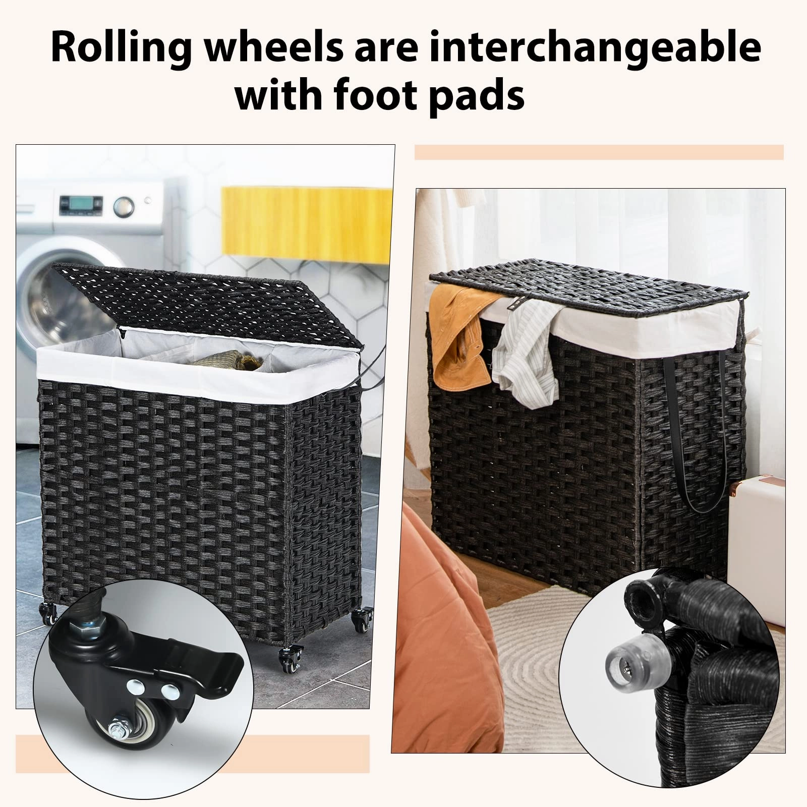 Giantex Laundry Hamper w/Wheels, 3 Section Hamper 125L w/2 Removable Liner Bags