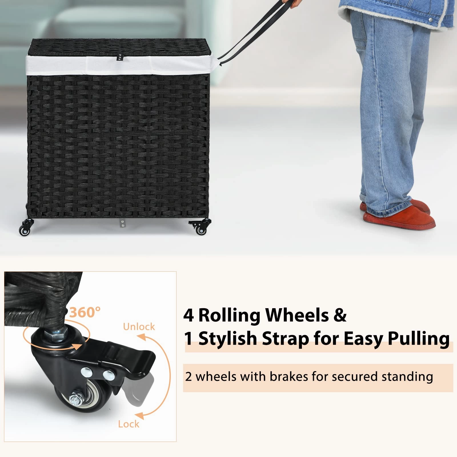 Giantex Laundry Hamper w/Wheels, 3 Section Hamper 125L w/2 Removable Liner Bags