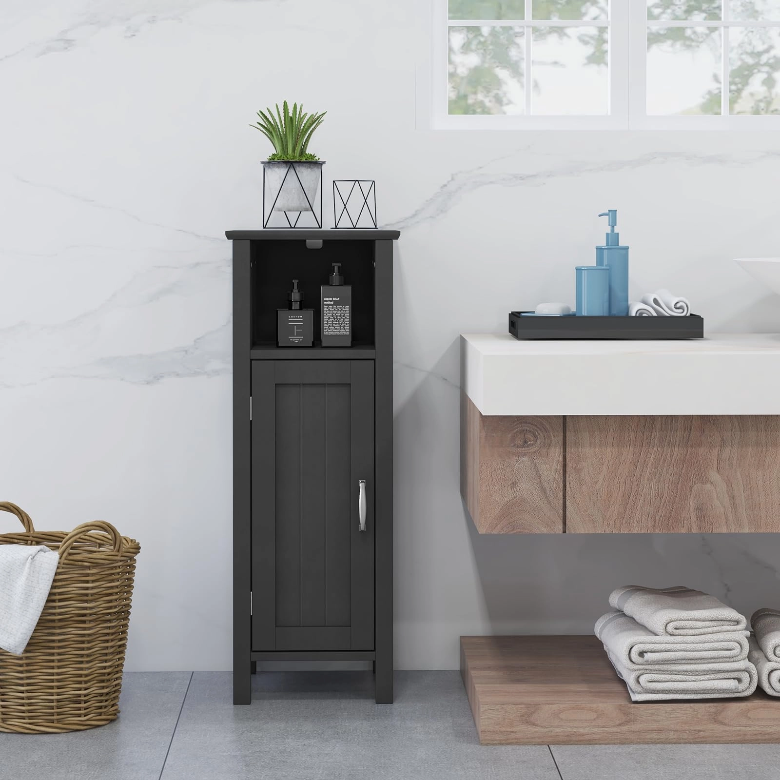 Giantex Narrow Bathroom Storage Cabinet - Corner Unit with Open Compartment, Adjustable Shelf