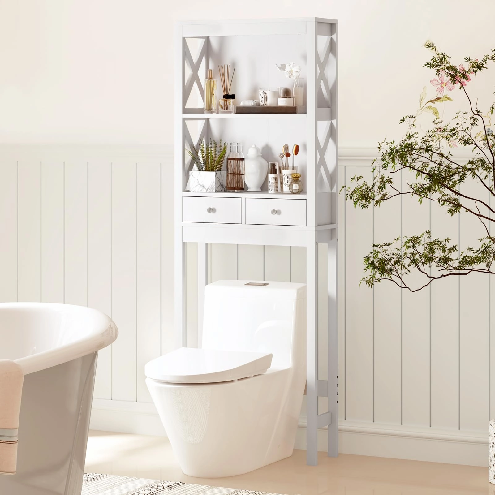 Giantex Over The Toilet Storage Cabinet, 65" Tall Freestanding Bathroom Organizer with Open Shelves